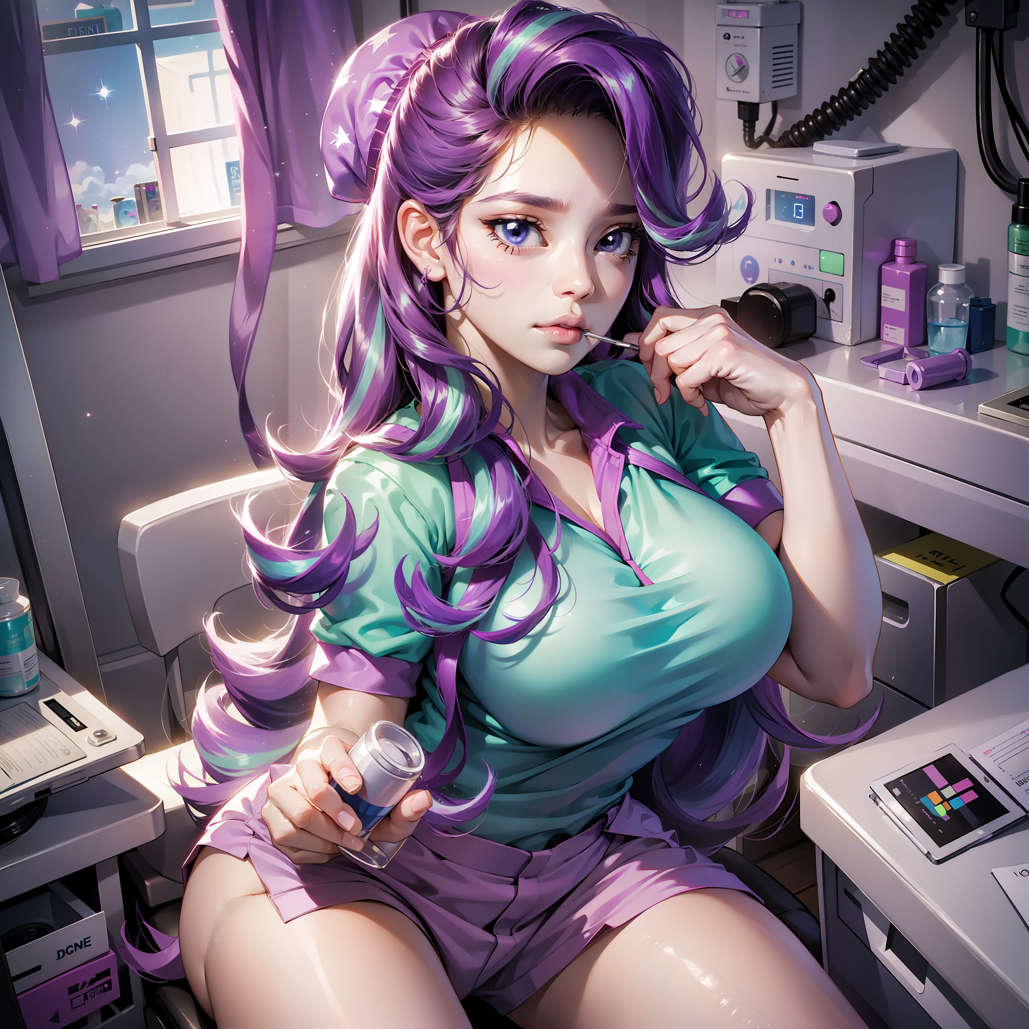 Starlight Glimmer, Starlight Glimmer from my little pony, Starlight Glimmer in the form of a girl, long hair, lush hair, big breasts, bulky breasts, firm breasts, nurse, syringe in hands, hugging nurse suit, in the hospital