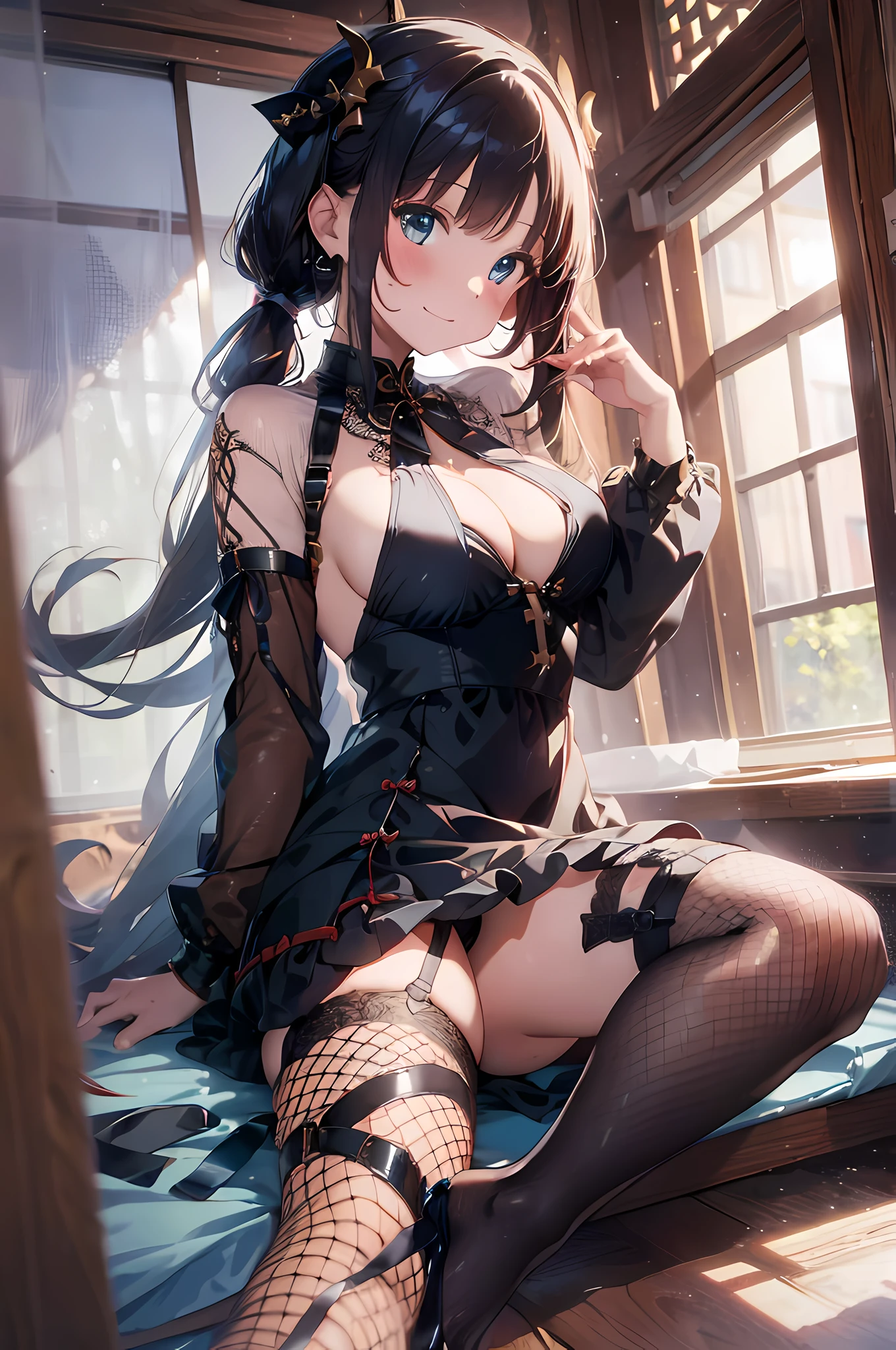 (masterpiece, best quality, ultra detailed, high resolution, absurdres:1.4), (shiny black hair, smooth and white shiny skins:1.2), (super fine illustration, extremely detailed CG unity 8k wallpaper), 1girl, extremely cute and beautiful girl. slender, medium breasts, red, gold, BREAK, (lace), (single fishnet legwear, single garter strap, cross-laced sleeves, cross-laced clothes:1.2), heart, collar, ribbon choker, ear piercing, BREAK, Chinese dress, gothic ta, knee-length skirt, BREAK, background is Japanese hotel in the night, ryokan, wasitu background, light grin smile,