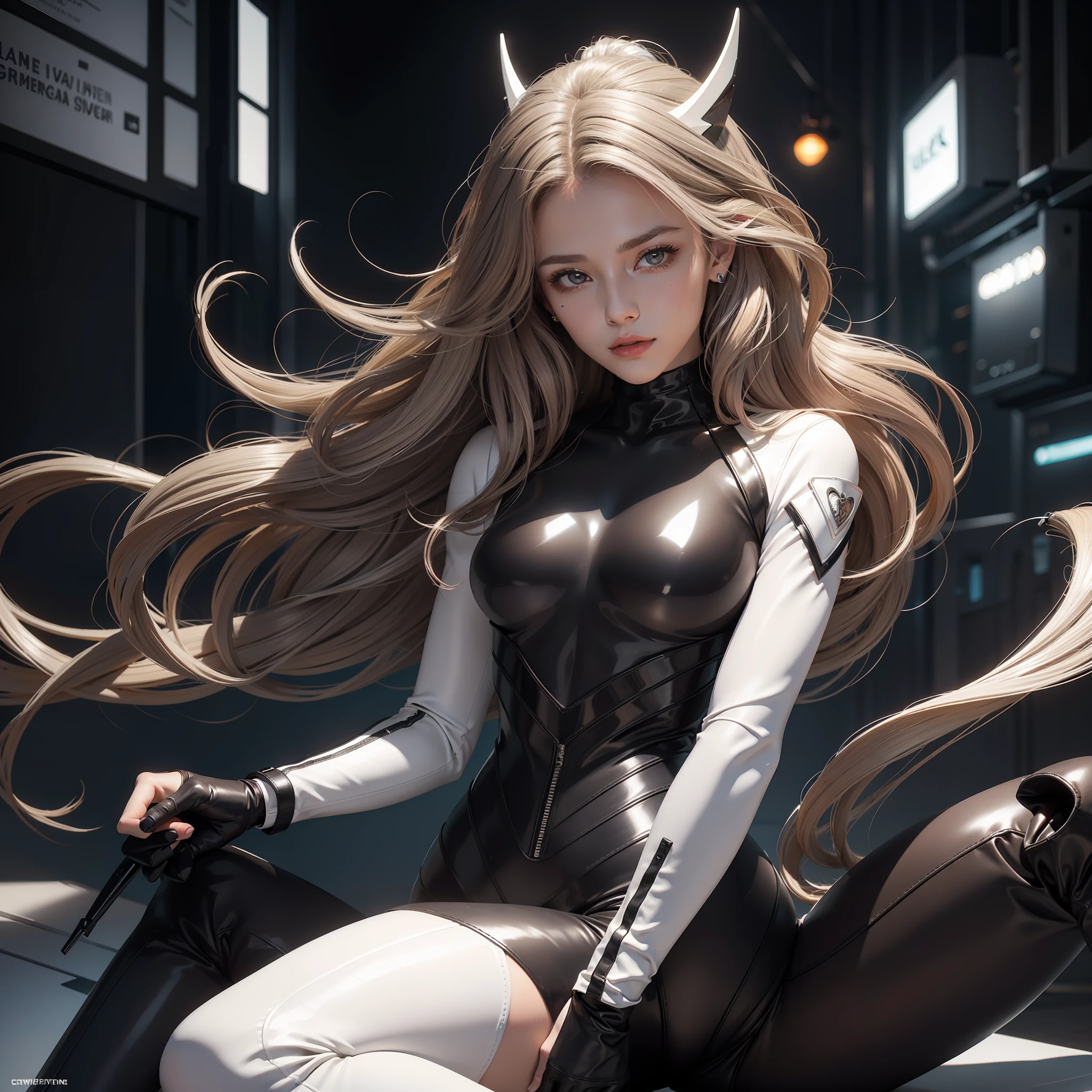 White woman, brown eyes, light brown wavy hair, wearing a black mugler style bodysuit, silver high boots, silver nails, with silver outlined, good art, 8k, well done art, good graphs, good quality, masterpiece, best quality, ultra-detailed, illustration, silver details