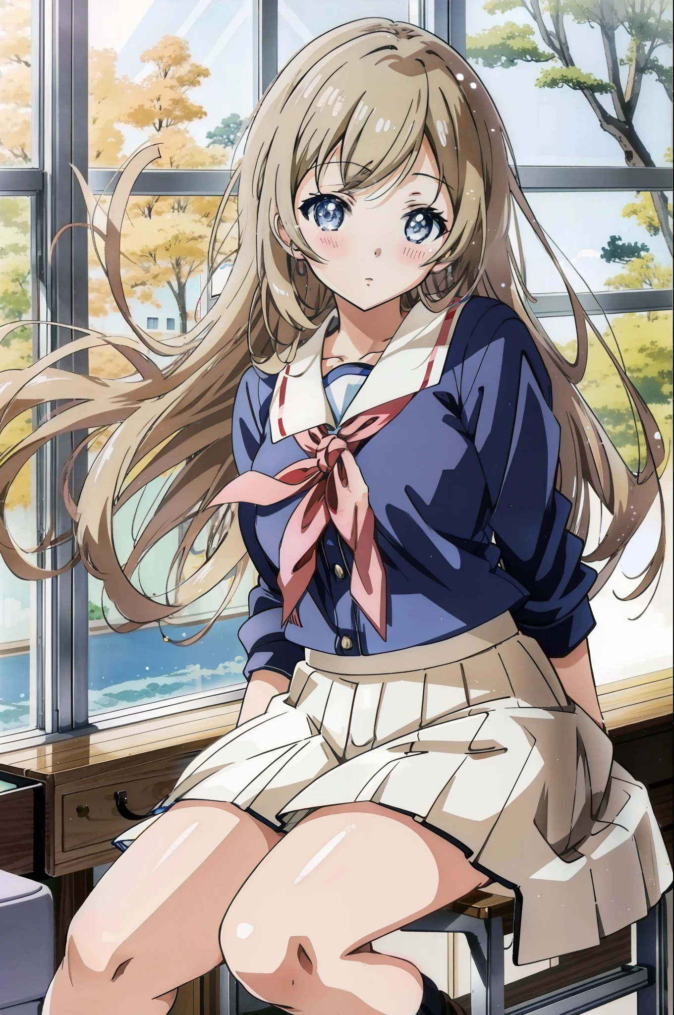 Anime girl sitting at desk in front of window, beautiful anime high school girl, ultra realistic high school girl, anime girl seductively spreading her legs showing her shorts, smooth anime cg art, realistic high school girl, ultra realistic high school girl, anime moe art style, kantai collection style, anime best girl, beautiful anime crouching figure, attractive anime girl, cute girl anime visuals