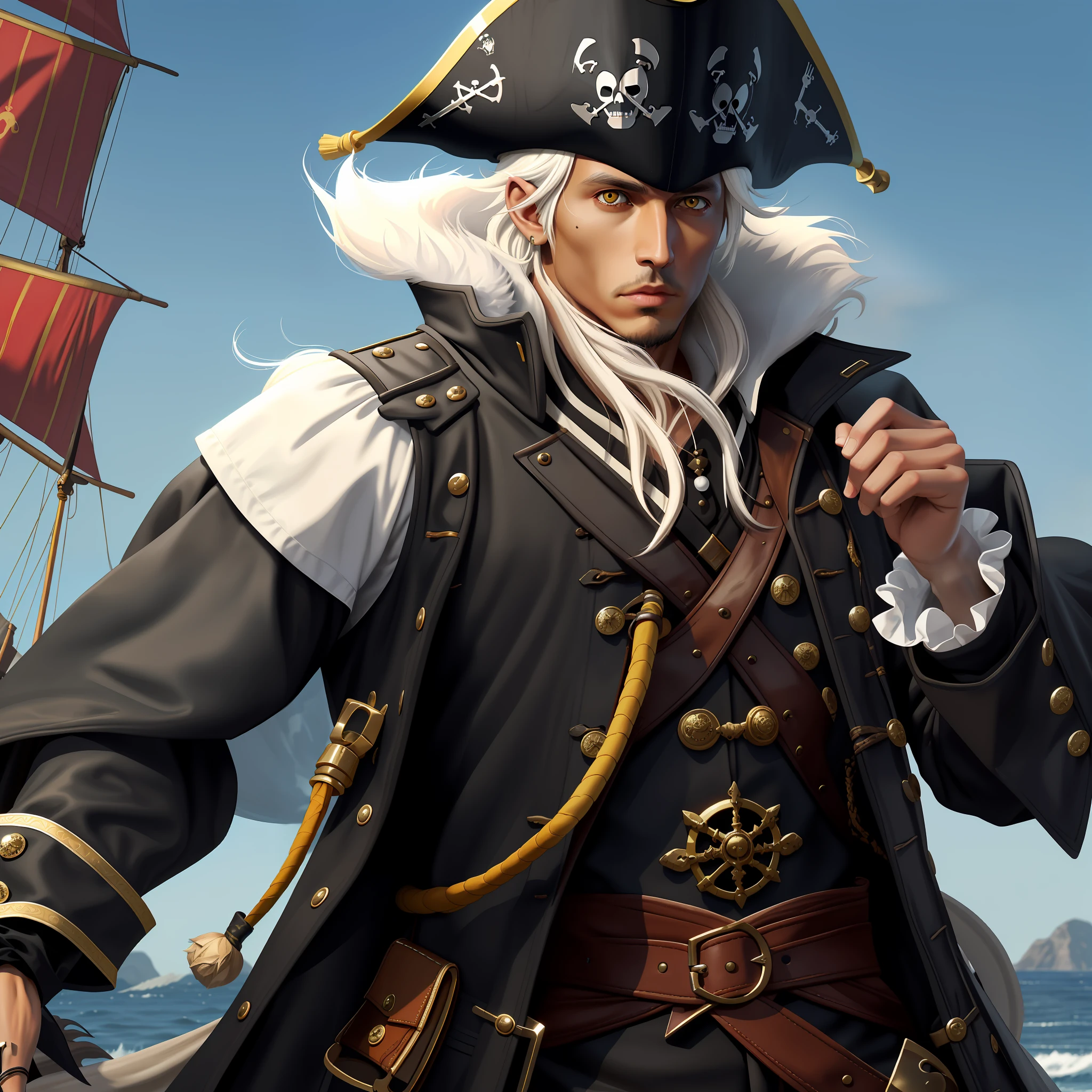 pirate man, tanned, no beard, short white hair, yellow eyes, black fur coat clothing, pirate hat