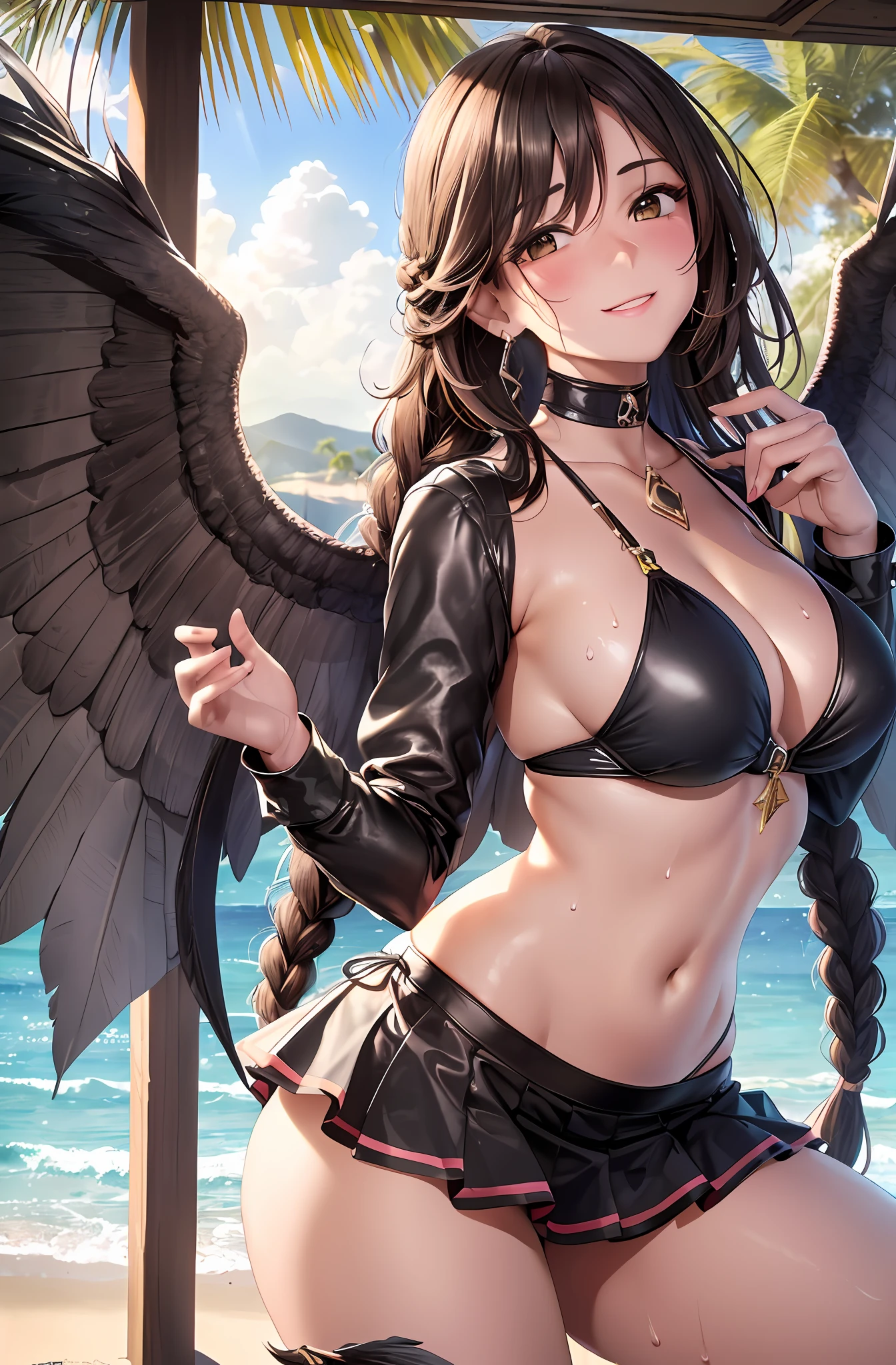 Top quality, ultra high resolution, (photorealistic: 1.4), big. On the back large wings. Brown hair in braids, long braided hair, black feathers on the back. Devil's wings. Close your eyes. Blush. In the room. Sweat. Skirt. Bikini. Smiling face. Sea. Beach. Lift the skirt.