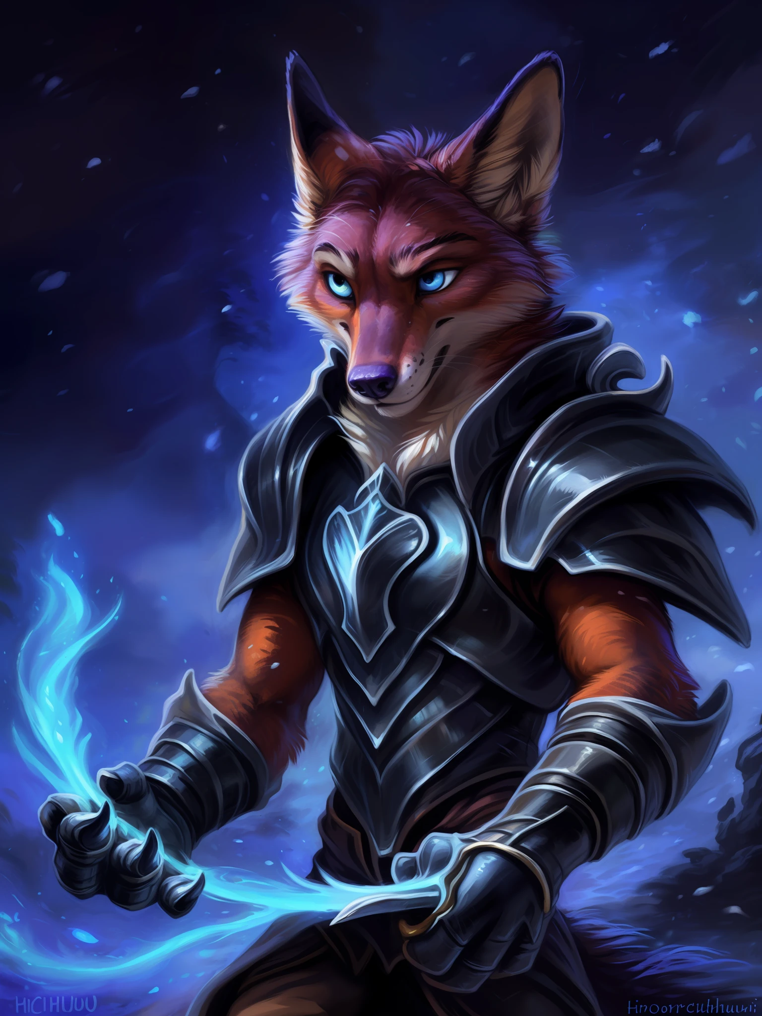 (by hioshiru and kenket and dimwitdog, Michael &amp; Zaush, Inessa Garmash, Ruan Jia, Pino Daeni, Chunie), (((solo))), [character: Nick Wilde] a epic portrait of a fox Nick Wilde as a lich king with the runesword, Zootopia style, magical undead, dark lord, death knight, necromancer, tragedic character, consumed by the Dark Side, dark armor enchanted with frost, straight posture, sad face, wrath, young adult, glowing blue eyes, (muscular:0.7), solo, alone, night snow wasteland on the background