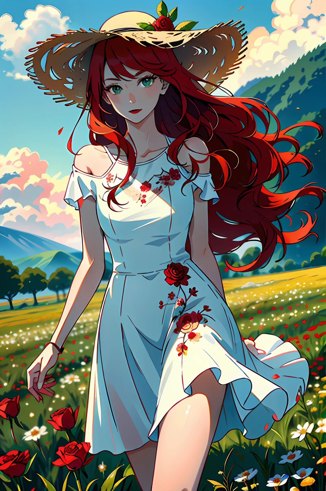 high quality digital art, happy, red lips, red hair fire red, long, long hair long to the floor, bangs, smooth bangs covering part of the face, emerald green eyes, tanned white skin, red nails, perfect face, flawless, clean, masterpiece, (((sharp))) ((focus)) (instagram) (8k) masterpiece, beautiful ice white dress, delicate stroke, makeup, flushed, digital painting, outside, field of flowers, highly detailed light, cinematic light, high quality, a digital painting masterpiece, best quality, absurdly high resolution, mountains, windy day, rose petals, straw hat, overcast sky, sun, wind, flowers, detailed background, large field, rustic feel, intricate details, brightness, bright hair, red hair, loose hair, lustrous skin, dynamic vibration, windblown hair, a girl