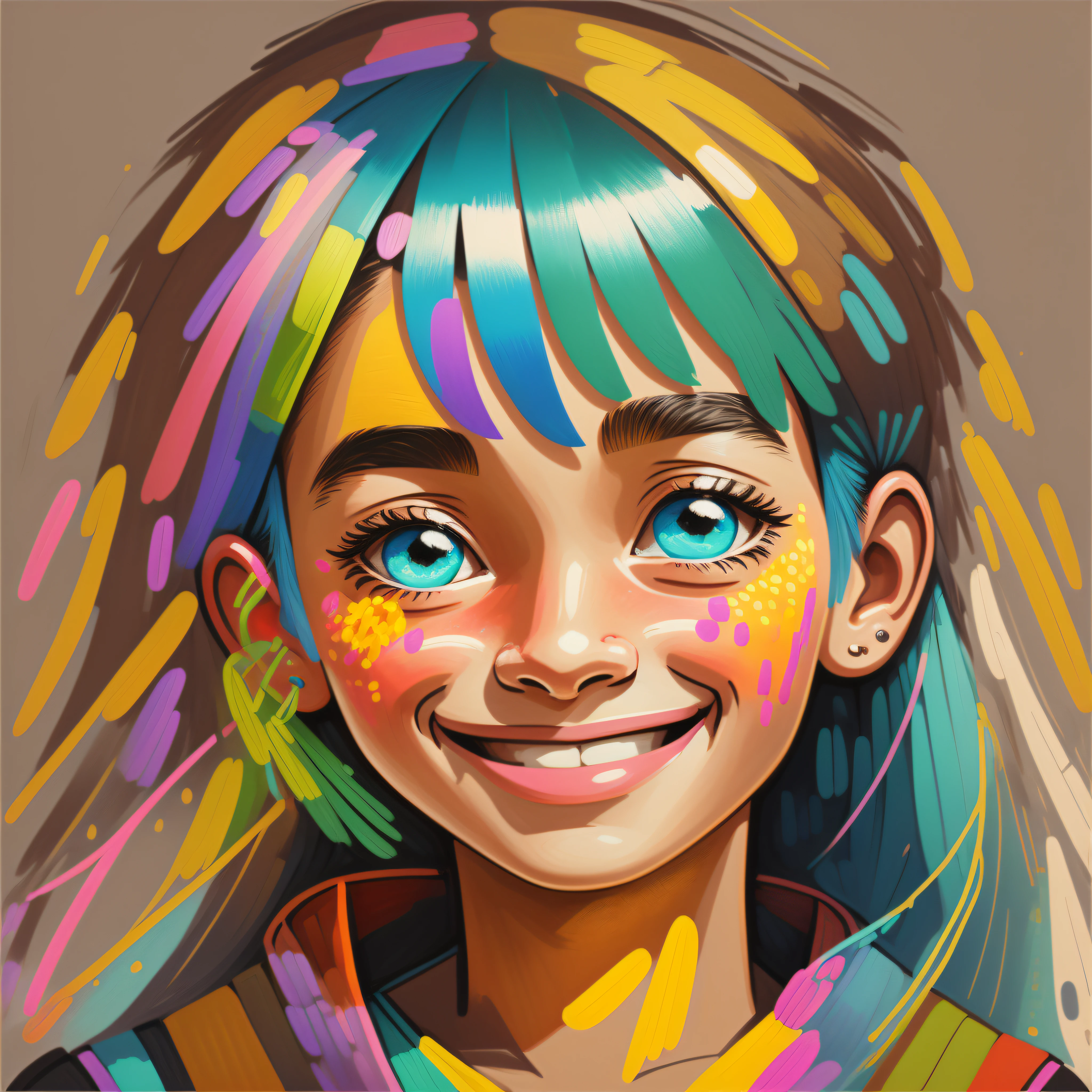 In this illustration, we see a smiling face painted in vibrant and cheerful tones. However, behind that smile, we can see a trail of tears and an expression of sadness in the eyes. The illustration represents the social pressure to always appear happy and satisfied, even if the inner reality is completely different. The vivid colors contrast with the hidden sadness, symbolizing the false image designed to meet the expectations of others.