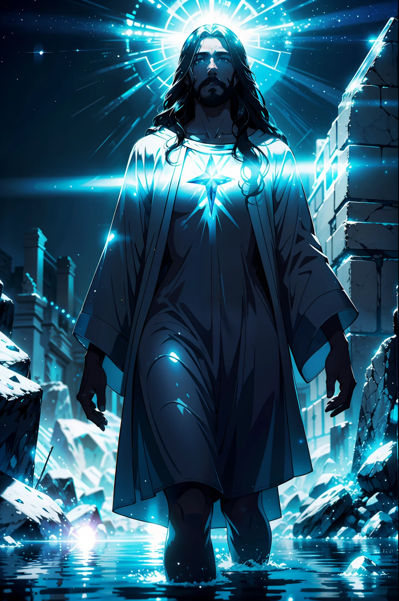 jesus in his divine form, walking on water, crystals of light around the body, little lighting scenery, well detained, high quality