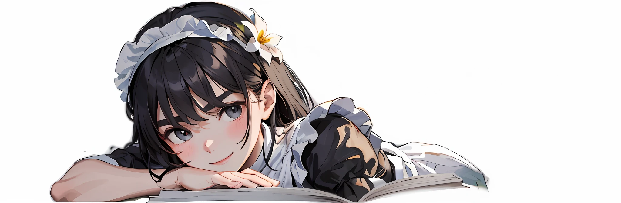 (masterpiece, best quality:1.2), (bright skin:1.2), {indoors|outdoors}, {day|night}, {upper body|cowboy shot}, black hair, maid, dark gray hair, dark gray eyes, maid headband with white flower, obedient, light blush, 8k, 4k, Reading a book intently, immersed in a book, accurate anatomy, two hands, medium thick eyebrows, mischievous eyes, one book, handle comic book, smile
