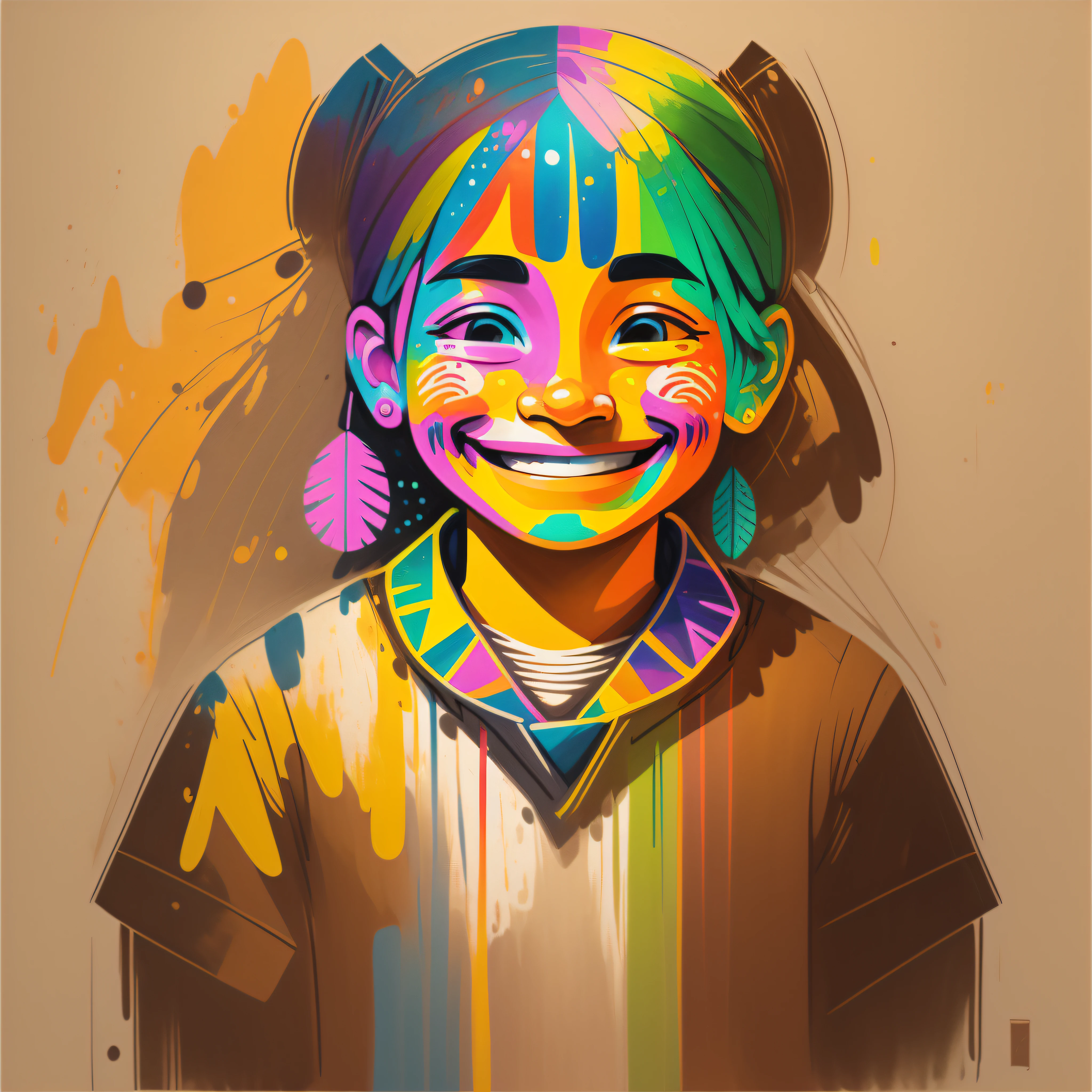 In this illustration, we see a smiling face painted in vibrant and cheerful tones. However, behind that smile, we can see a trail of tears and an expression of sadness in the eyes. The illustration represents the social pressure to always appear happy and satisfied, even if the inner reality is completely different. The vivid colors contrast with the hidden sadness, symbolizing the false image designed to meet the expectations of others.