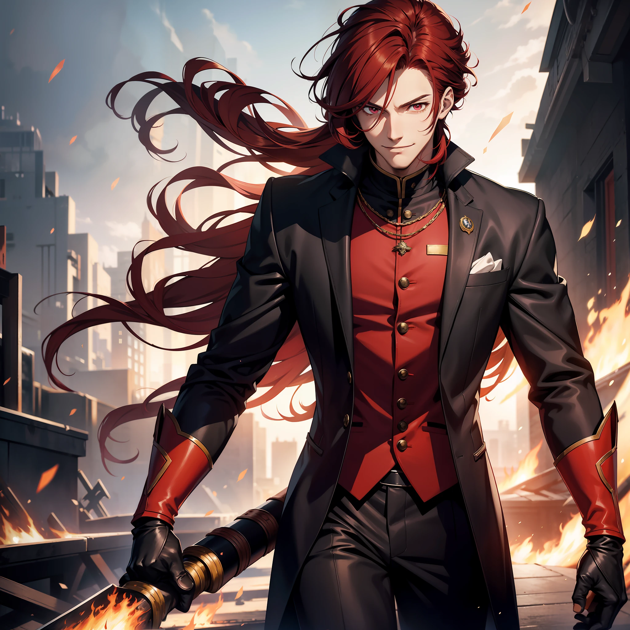 Tall and young anime style man with a fire spear, dark red hair straight and messy,smiling with boredom eyes,ultra realistic image,full hd,in a war setting,wearing a suit with leather gloves