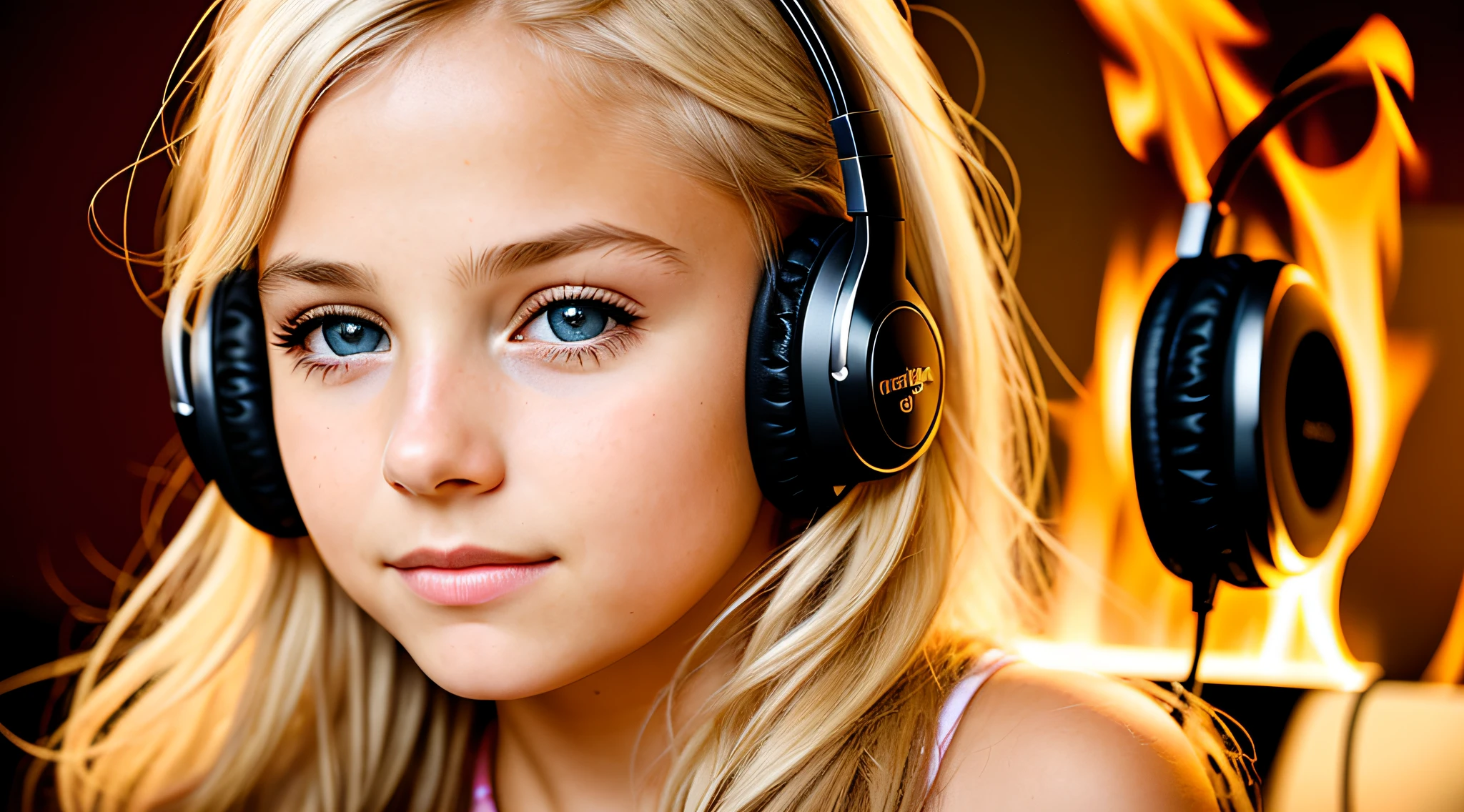 BLONDE girl, golden eyes, platinum haired girl, with headphones on with fire in the background, vibrating with music, girl wearing headphones, loud music, dj rave headphones, with headphones, red headphones, roaring place of fire, with headphones, on fire, burning in hell, listening to music, background art, energetic atmosphere, closeup portrait photo, closeup photo, listening to pious music, very intense, portrait shot