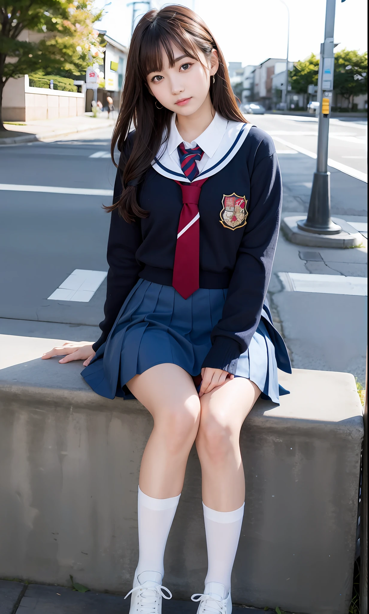 ulzzang-6500-v1.1, (Raw photo:1.2), (Photorealistic:1.4), Beautiful detailed girl, Very detailed eyes and face, Beautiful detailed eyes, Ridiculous, Incredibly ridiculous, Huge file size, Ultra detailed, High Definition, Very detailed, Best quality, Masterpiece, Kemomimi, ((Japan Girls' High School Uniform)), Illustration, Very detailed, CG, Unification, 8k wallpaper, fantastic, fine detail, masterpiece, best quality, highly detailed cg uniform 8k wallpaper, light on face, movie lighting,  girl, (dynamic pose))), (sitting legs bending at the knees)), cute, short skirt, cute schoolgirl, Japan schoolgirl wearing uniform, surreal schoolgirl, empty-handed, 1 girl, holding a skirt, skirt flipping