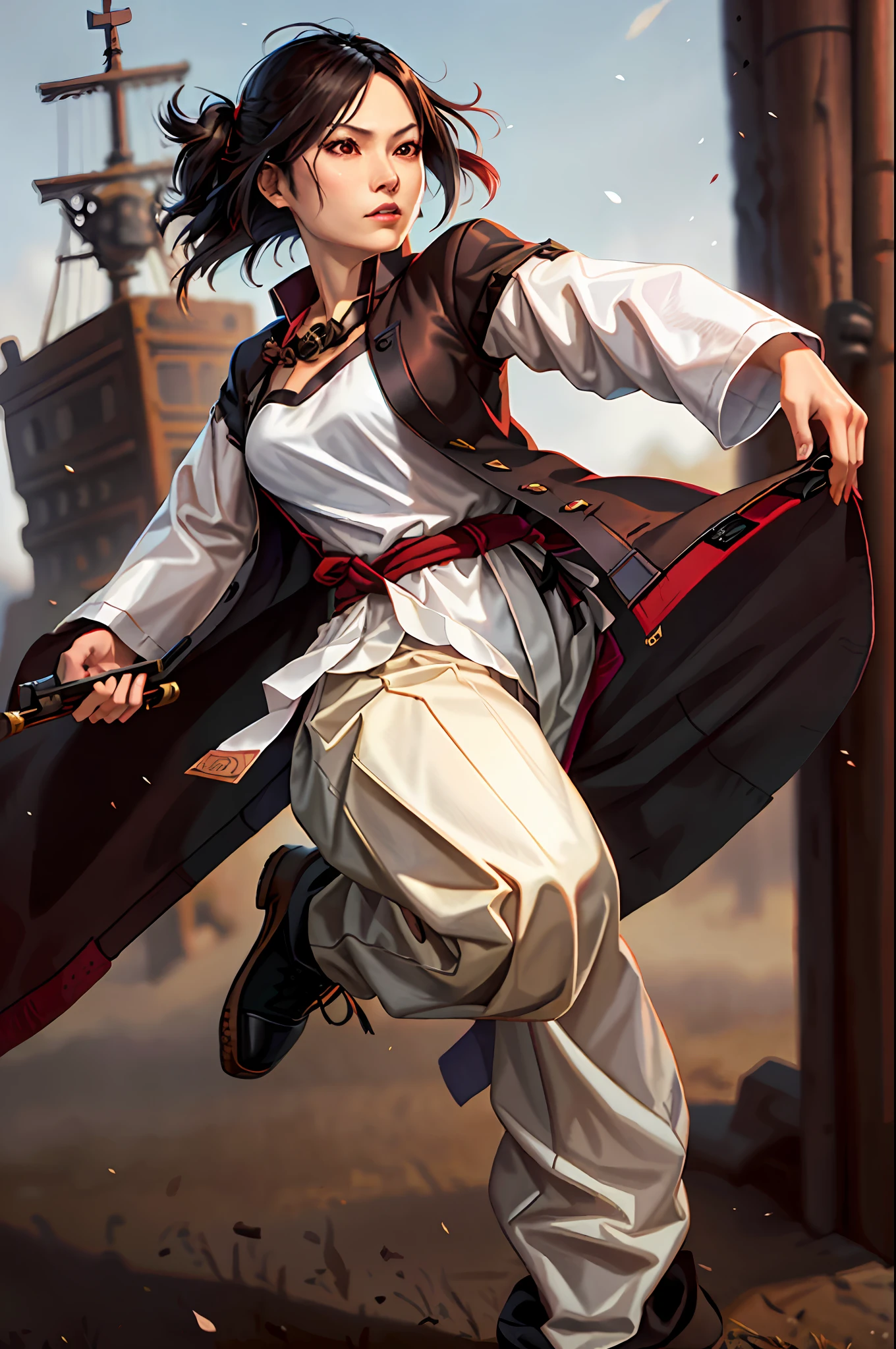 Pirate woman, Japanese, short black hair, red eyes, marsala overcoat, white shirt, black pants, brown boot, full body.