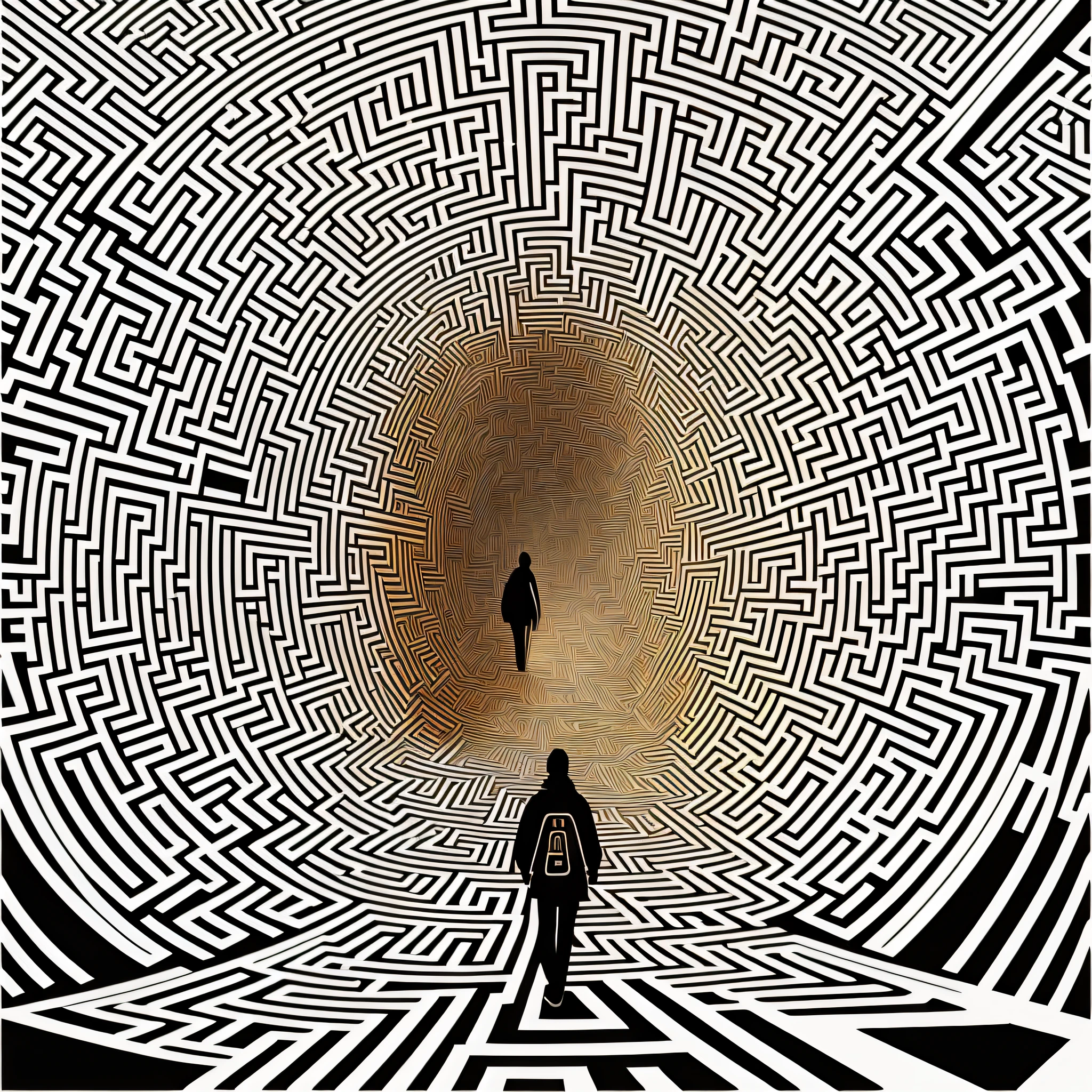 In this illustration, an individual is depicted walking through a complex and confusing labyrinth. The maze symbolizes the social norms, expectations, and pressures people face to fit in and follow a predetermined path. The expression on the person's face portrays anxiety and insecurity as they try to find their way through this suffocating maze of conformity.