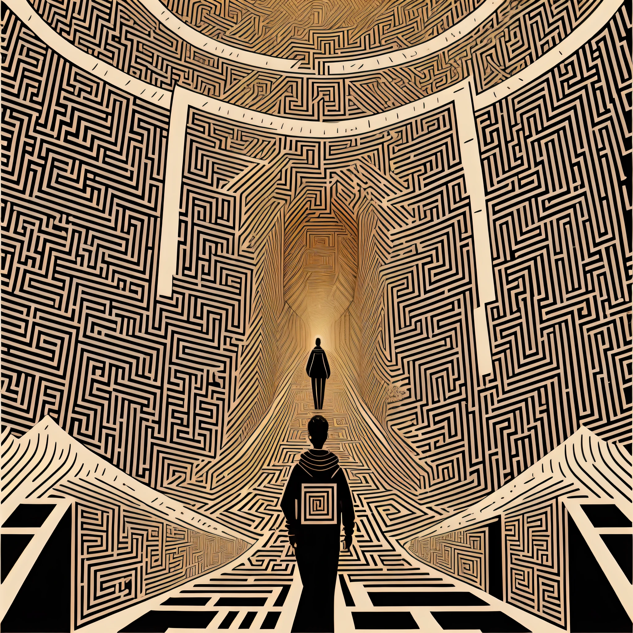 In this illustration, an individual is depicted walking through a complex and confusing labyrinth. The maze symbolizes the social norms, expectations, and pressures people face to fit in and follow a predetermined path. The expression on the person's face portrays anxiety and insecurity as they try to find their way through this suffocating maze of conformity.