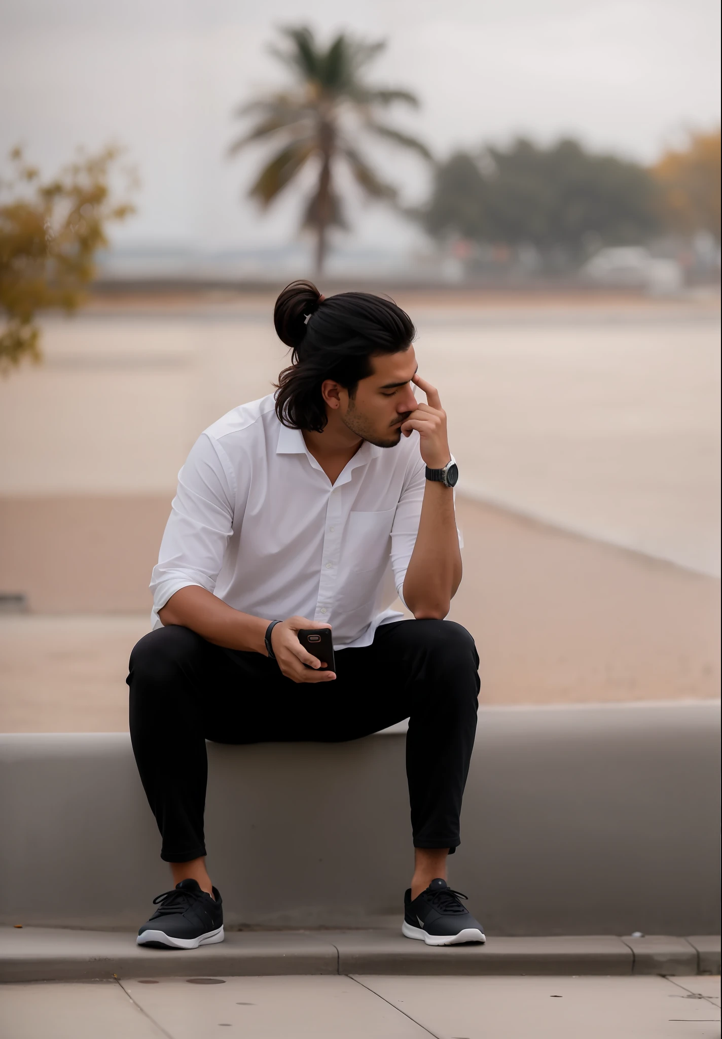 there is a man sitting on a concrete bench talking on a cell phone, lost in thought, thinking pose, sad man, deep in thought, candid picture, pensive lonely, shot on canon eos r 5, shot on canon eos r5, thoughtful pose, man sitting facing away, portrait shot, dramatic thinking pose, thinker pose, distant thoughtful look, thoughtful