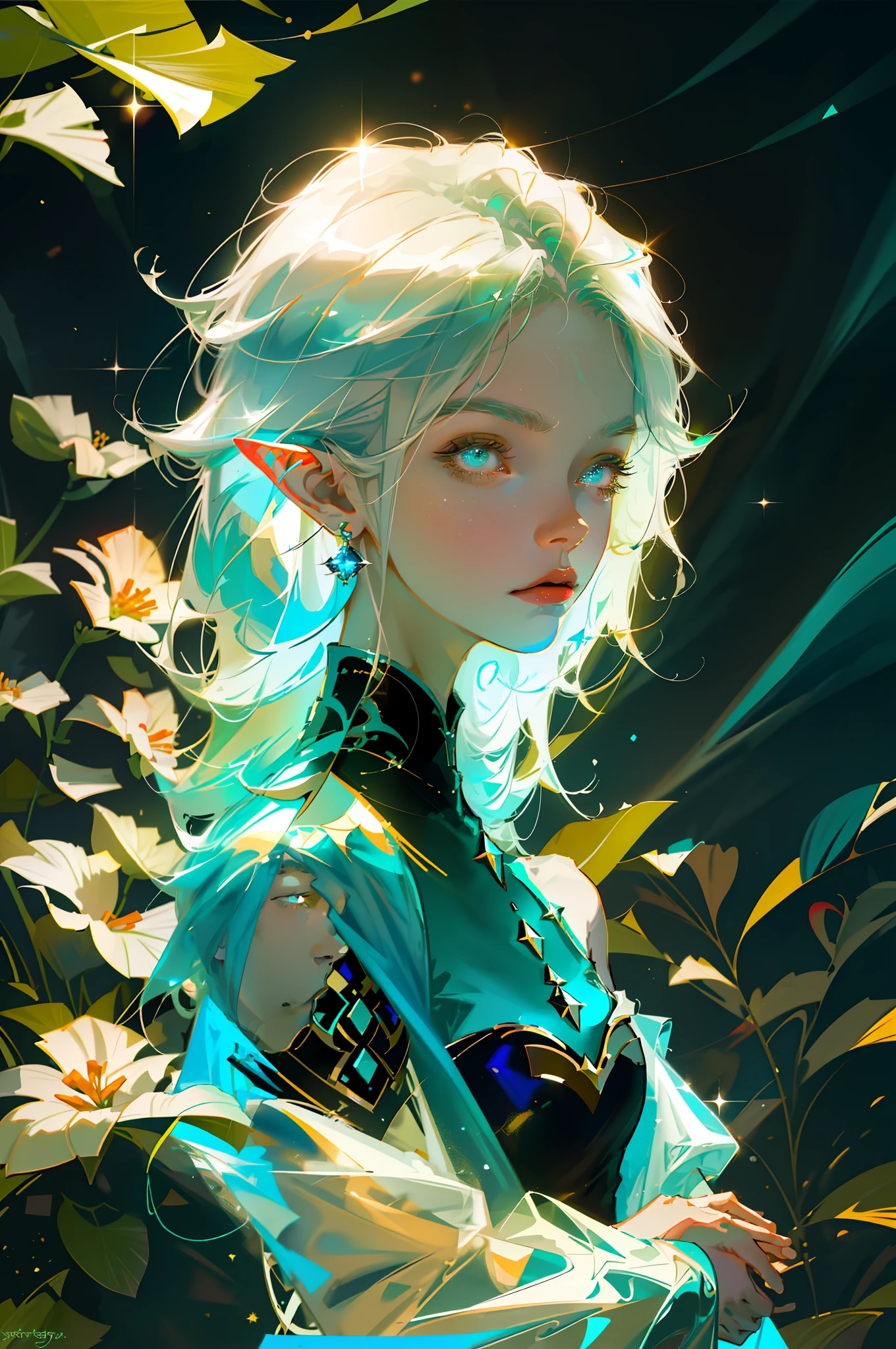 Masterpiece, best quality, super high resolution, character sheet, fluorescent color, a boy, 1 Man, male elf, blue and Green palete,
A young male, looking at the audience, beautiful face, beautiful eyes, (bare shoulder: 1.2), head up, upper body, forest, shiny hair, shiny skin, glowing cut, chibi, hands not shown: 1.5, silver starlight clothes, particles, stars