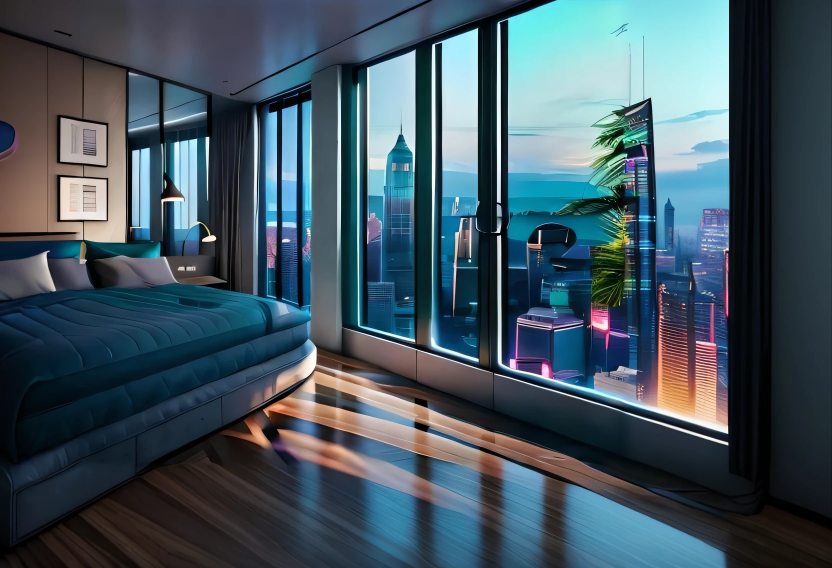 arafed bedroom with a large bed and a view of the city, beeple rendering, cyberpunk apartment, penthouse, beeple global illumination, 3 d render beeple, the cyberpunk apartment, beeple |, bladerunner apartment, cyberpunk bedroom at night, city apartment, beeple style, apartment set in the near future