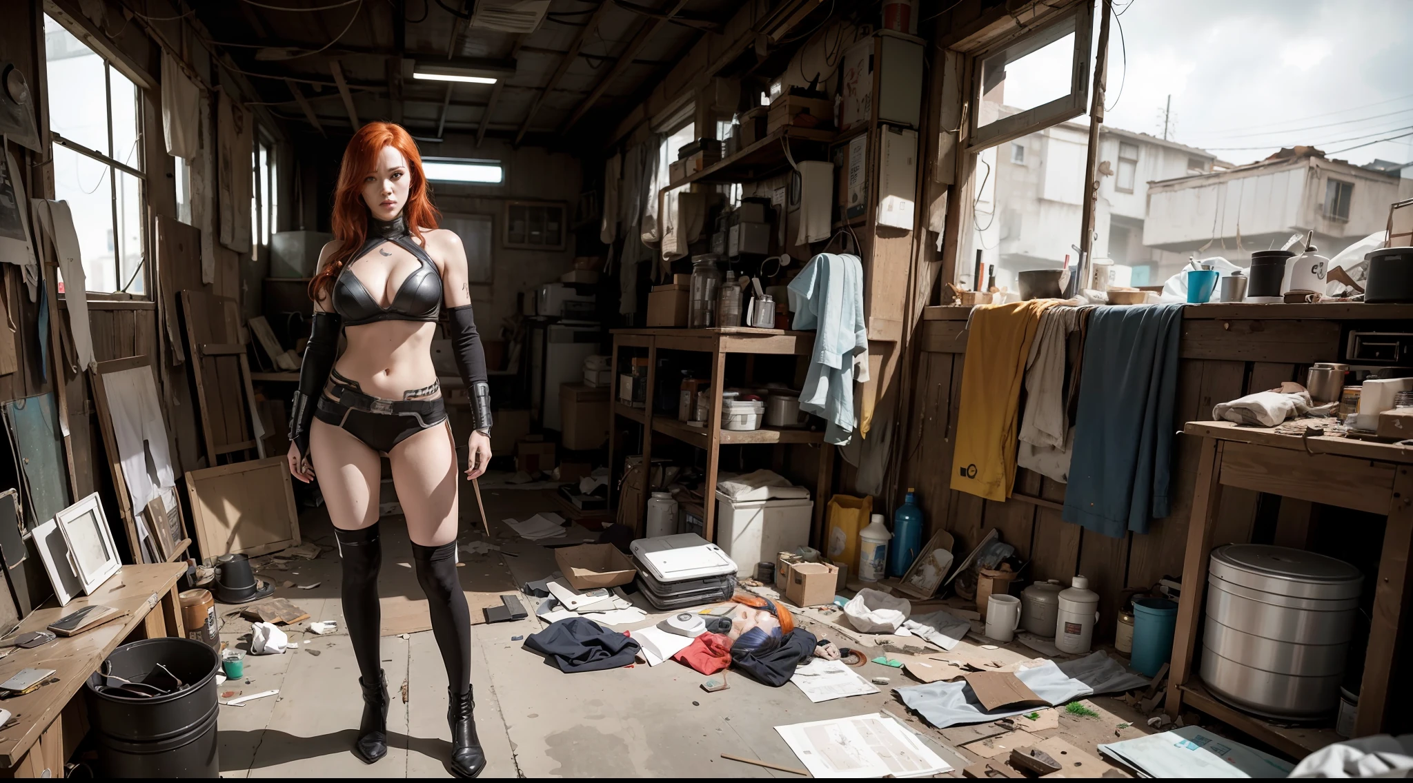 Award-winning photo from the waist up, ambient wide-angle shot of cyborg in messy and cluttered shack, cyberpunk costumes, cracked porcelain skin, redhead woman with robust body, vibrant, photorealistic, realistic, dramatic, dark, sharp focus, 8K
