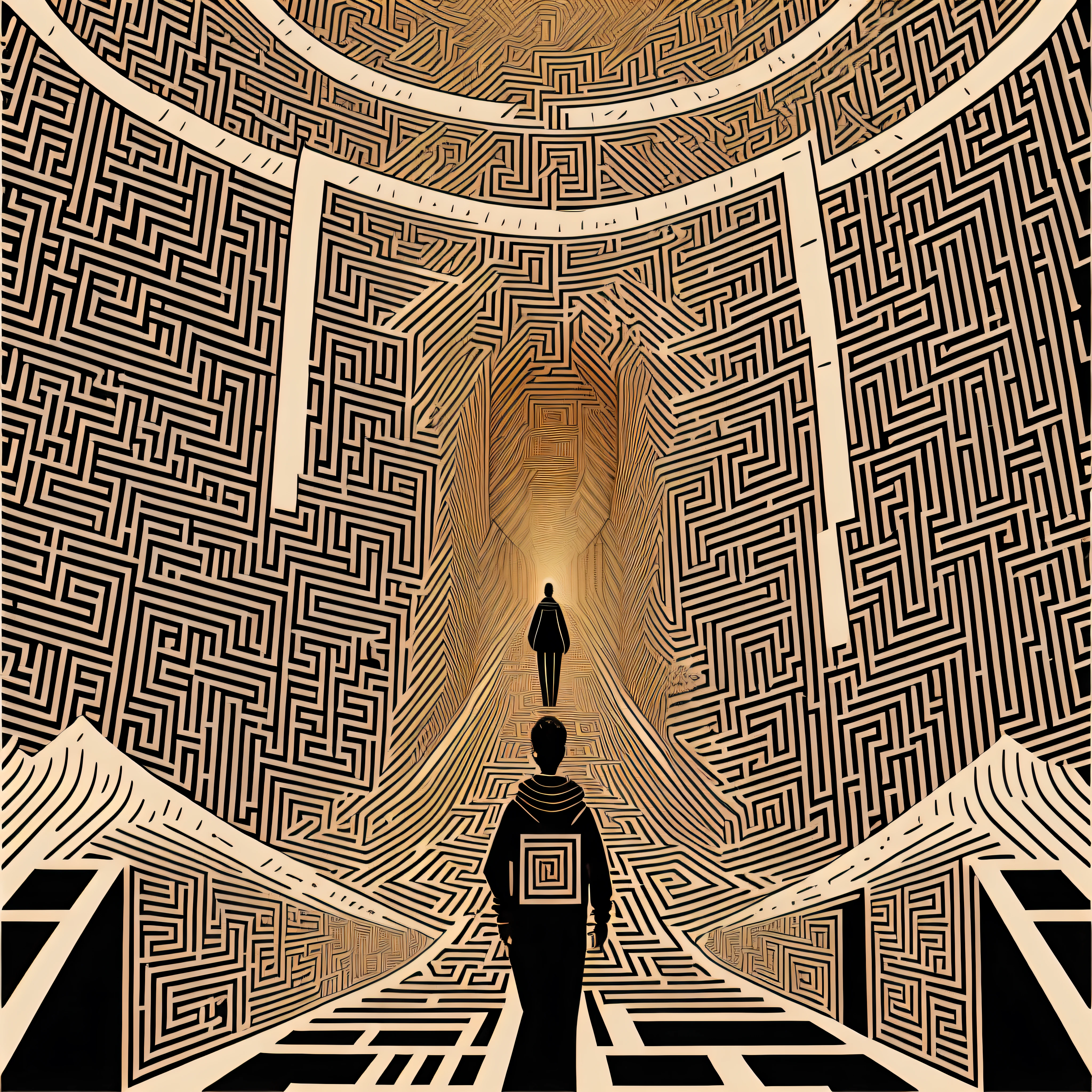 In this illustration, an individual is depicted walking through a complex and confusing labyrinth. The maze symbolizes the social norms, expectations, and pressures people face to fit in and follow a predetermined path. The expression on the person's face portrays anxiety and insecurity as they try to find their way through this suffocating maze of conformity.