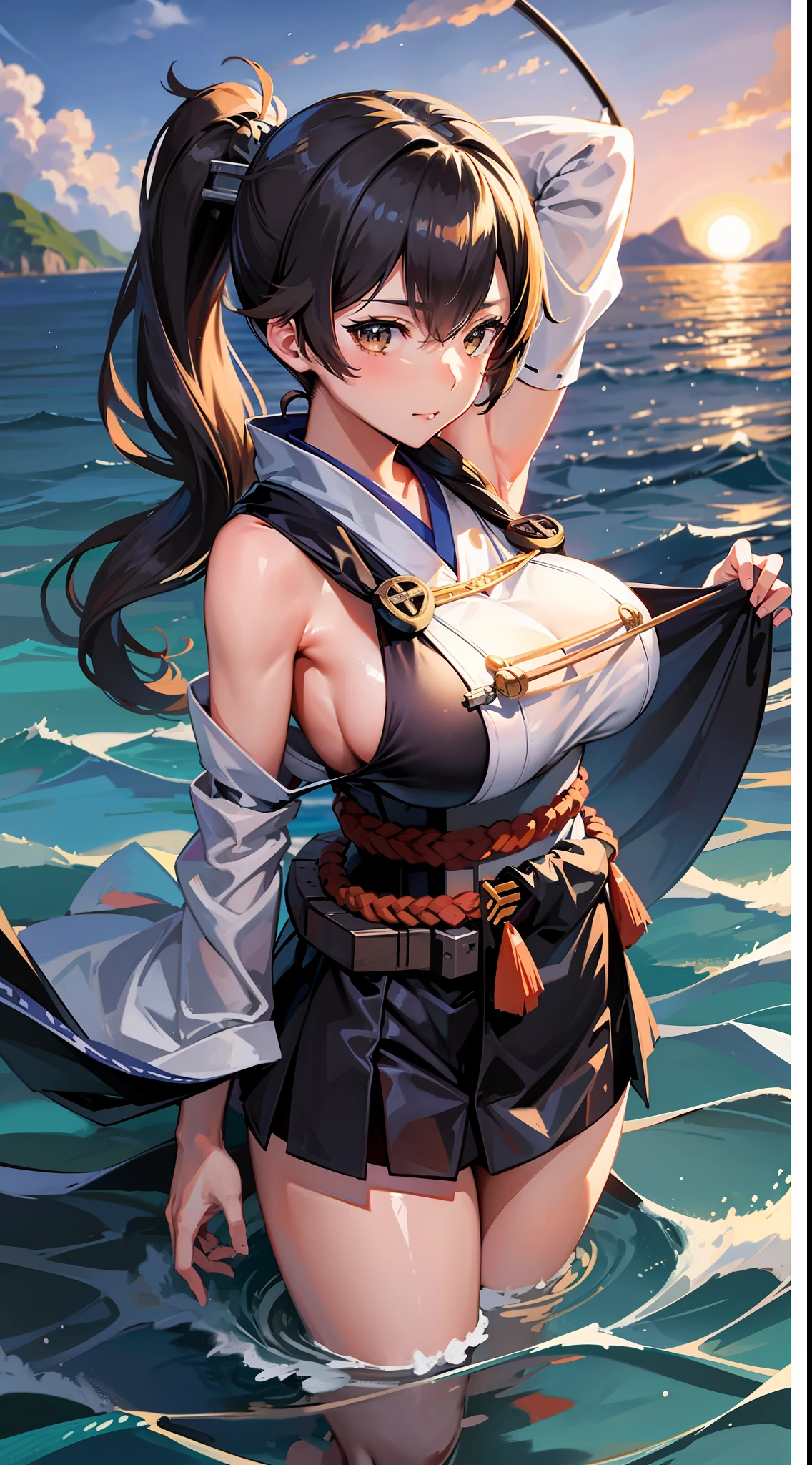 Kaga(Kantai collection),tall ,very huge breast , on the OCEAN, japanese archery costume, breastplate ,HAKAMA ,Black left side ponytail hair, set up japanese bow ,morning, beautiful sky, beautiful ocean ,standing on the ocean ,