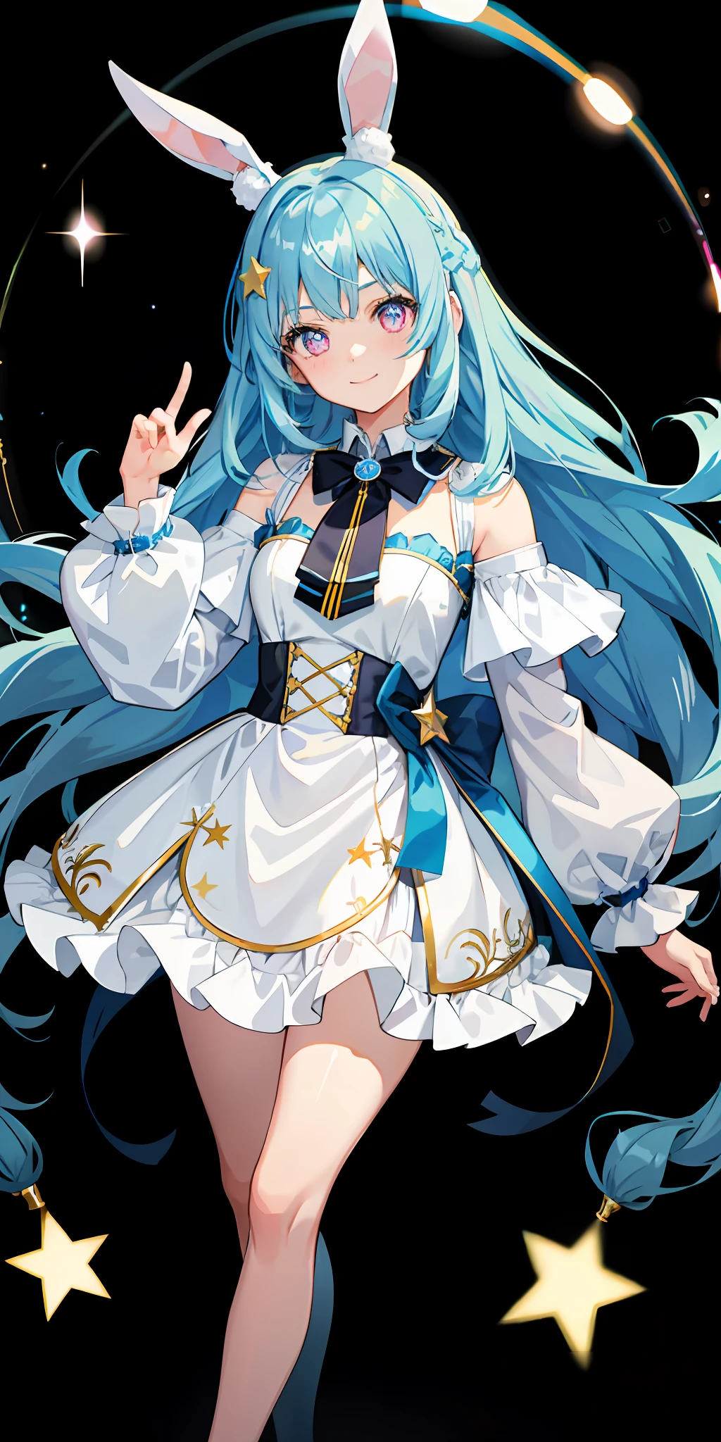 1girl, bright, light blue hair, long hair, star motif, multicolored hair, pink eyes, saleme, head mask, side light, light particles, wallpaper, big, plump, idol, bunny girl costume, loose, fluffy, quiet, smile, gentle, clear, sexy