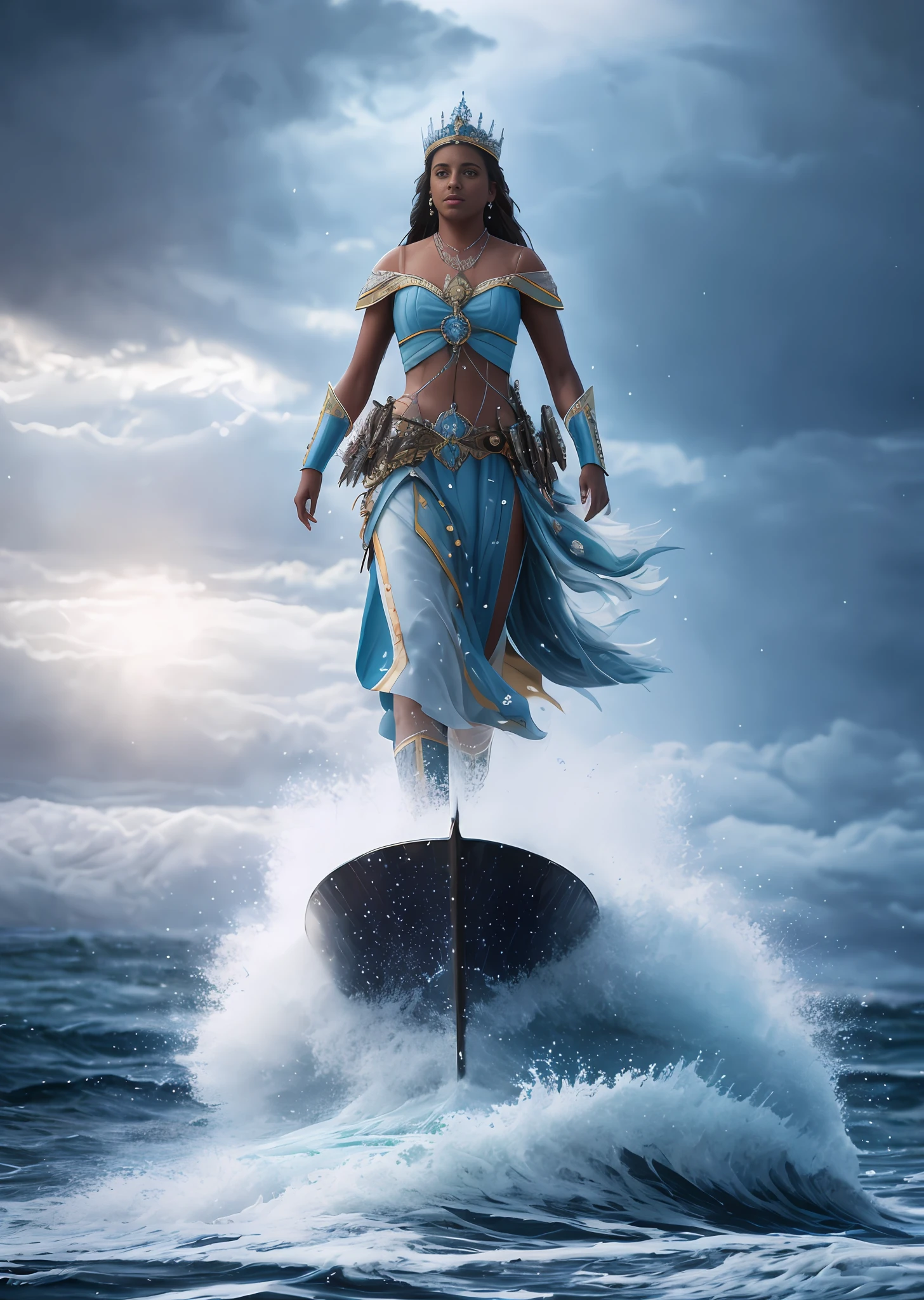 Brazilian white muher (Yemanjá2:0), queen of the sea ((walking on the sea)) in a storm, with a beautiful dress in the colors blue white and gold covering the whole body, soft expression, streaks of light descending from the sky, masterpiece, high quality, high quality, highly detailed CG unit 8k wallpaper, award-winning photos, bokeh, depth of field, HDR, bloom, chromatic aberration, realistic, very detailed, trend in artstation, trend in CGsociety, complex, high detail, dramatic, art in the middle of the journey, volumetric lighting