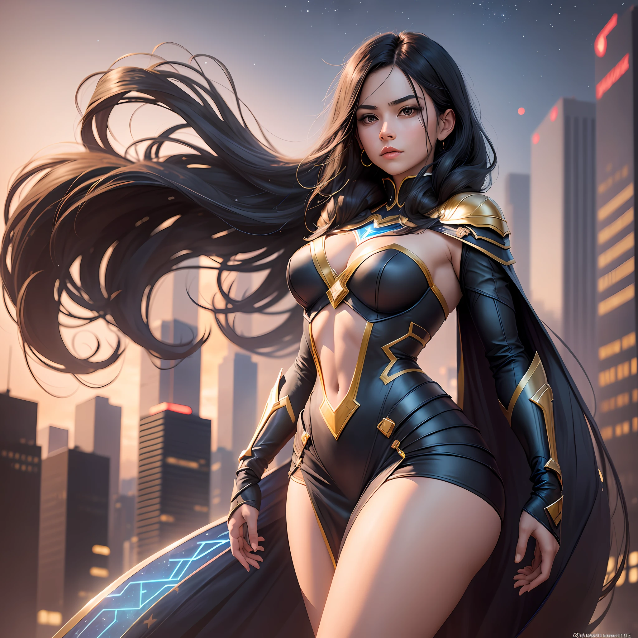 Imagine a brave and fearless woman dressed as a superhero. She has long, black hair that flows in the wind as she stands atop a skyscraper, with the illuminated city in the background. His costume is composed of a combination of vibrant colors such as blue, red and gold, with a distinctive emblem on the ????? that represents his heroic identity. She possesses a powerful posture, with her feet firm and her hands on her waist, emanating confidence and determination. Around her, people look at her with wonder and hope, for she is a tireless protector of justice. In the night sky, the stars shine brightly, as if witnessing his heroic presence. Now, use your imagination to create an image that captures all the strength and courage of this superheroine.