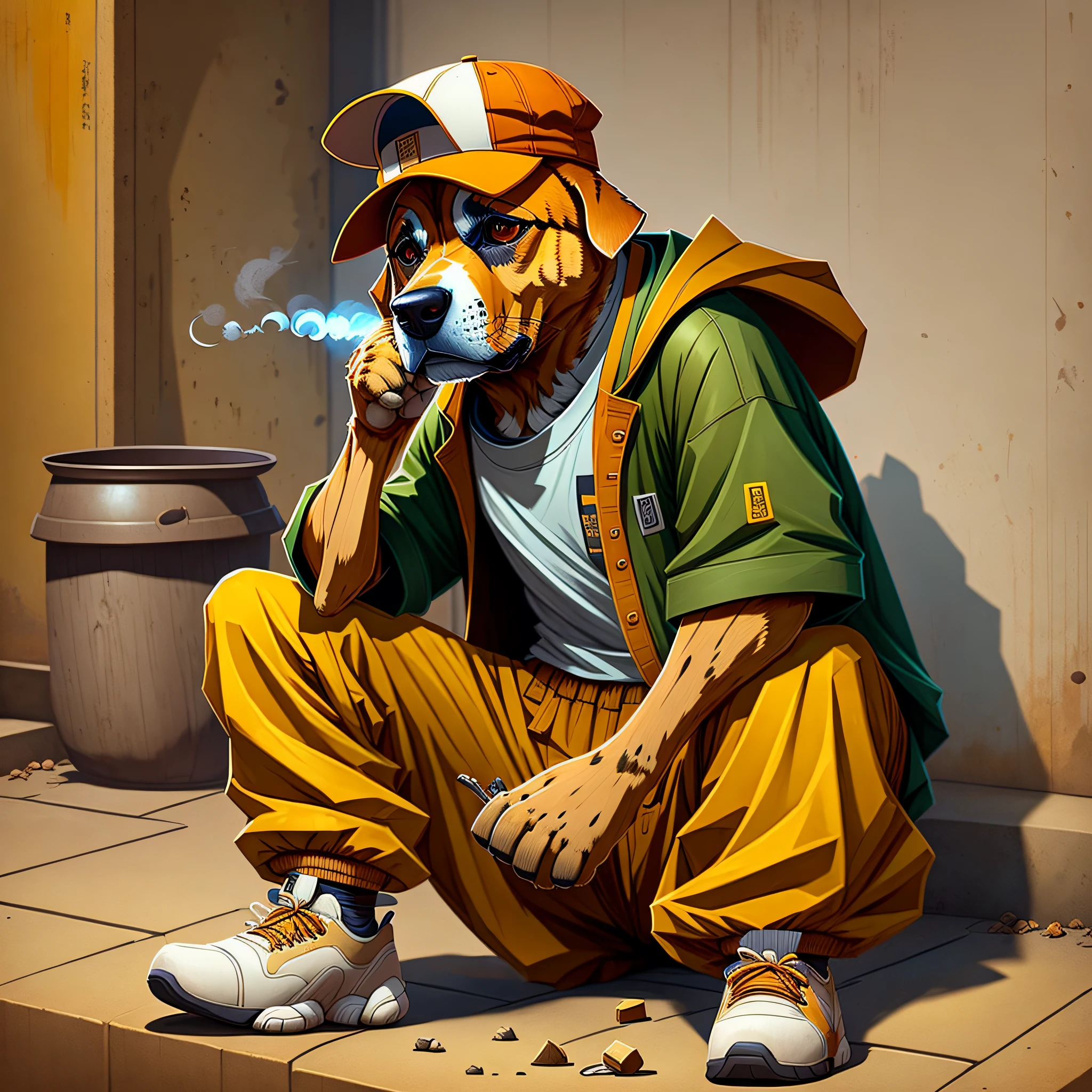 Create a character of a dog of the color ochre, with anthropomorphism, wearing a baggy pants and a battered shirt wearing a cap and smoking cigarette --auto --s2