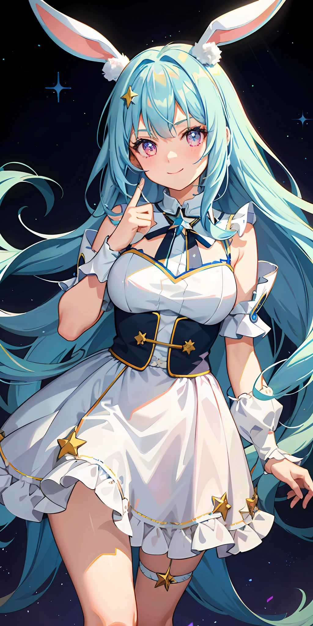 1girl, bright, light blue hair, long hair, star motif, multicolored hair, pink eyes, saleme, head mask, side light, light particles, wallpaper, big, plump, idol, bunny girl costume, loose, fluffy, quiet, smile, gentle, clear, sexy
