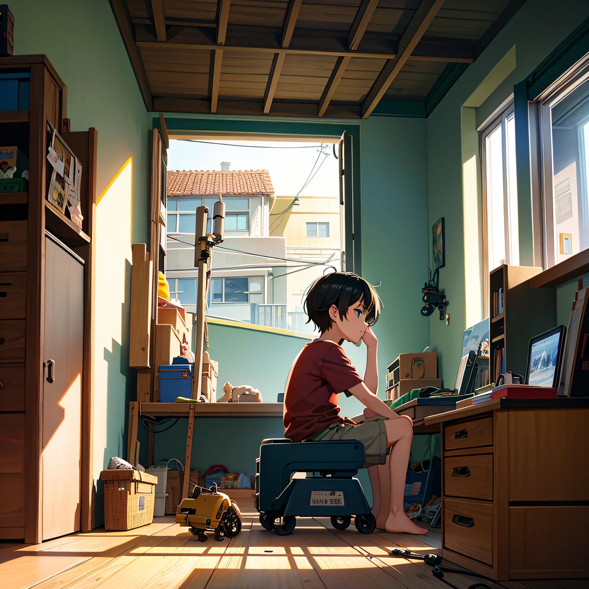 masterpiece, top quality, best quality, official art, beautiful and aesthetic, animation, A busy scene of a small, mechanical town with a boy sitting in his room, surrounded by small machines and tools, fixing something, curiosity and love for invention.