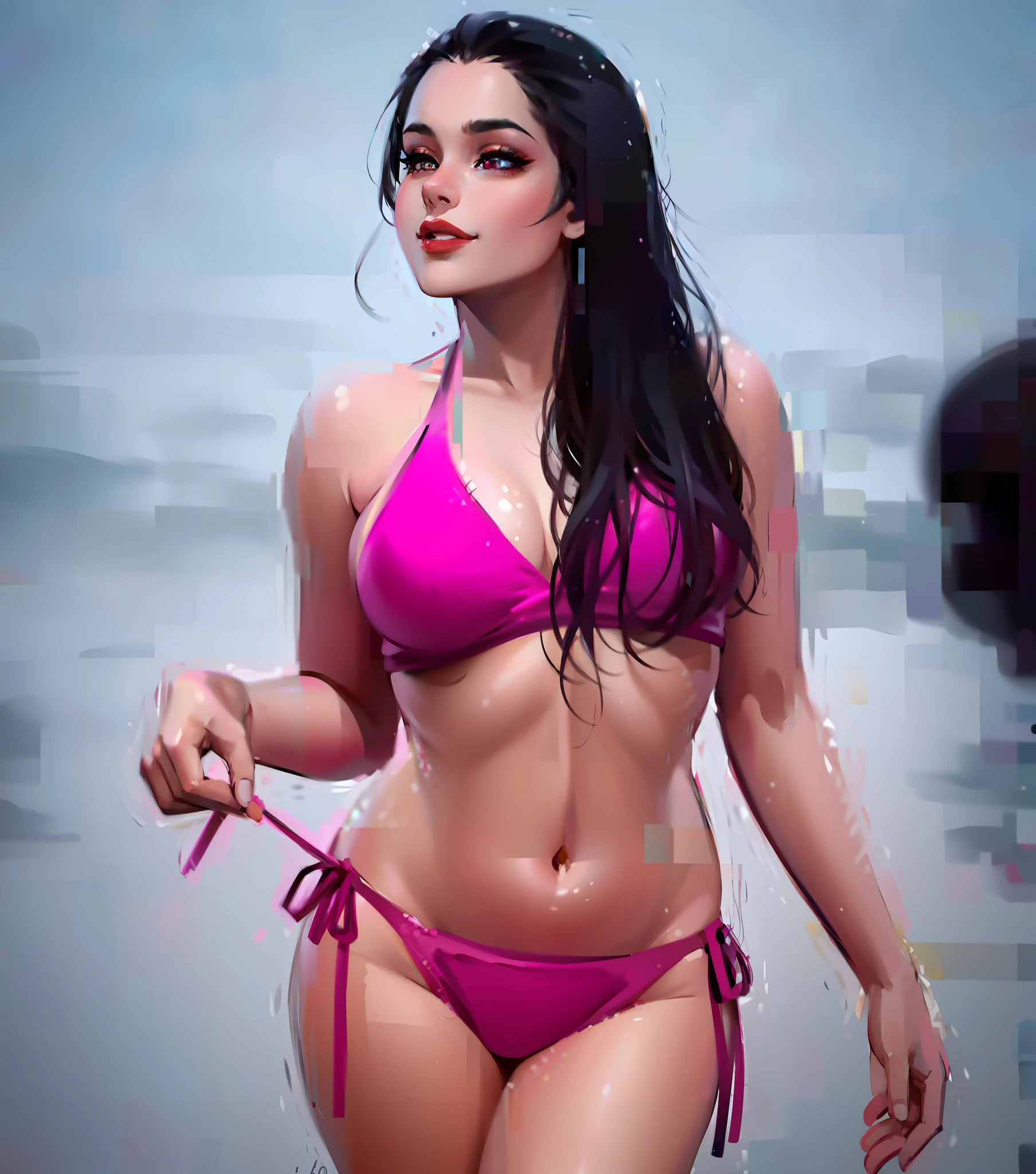 (masterpiece),(best quality:1.0), (ultra highres:1.0), detailed illustration, 8k, anime, 1girl, beautiful anime girl,, wearing a red top, pretty face, detailed face, beautiful eyes, detailed eyes, dark red eyes, bright red lips, red lipstick, smiling, beautiful stylish hair, highlights in hair, bangs anime style, best quality, vibrant