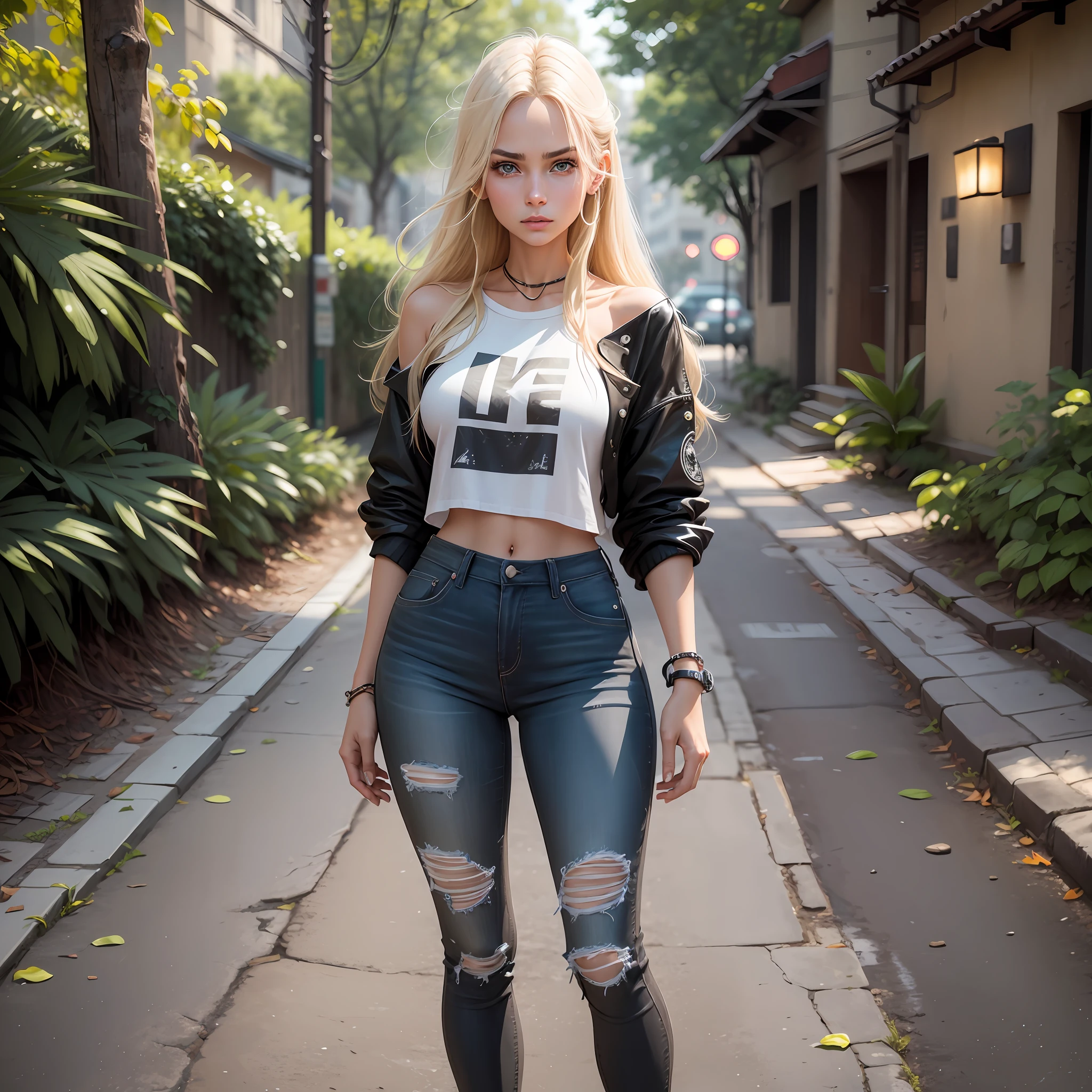 A girl, described is a young Brazilian woman, in her early 20s, She has long blonde hair, and expressive green eyes, with well-defined cheekbones, Its appearance is marked by a white and radiant skin, The girl has a serious and mature expression, conveying a sense of determination, She wears black jeans that fit her body and a black T-shirt from a rock band, revealing her taste in music. Her feet are shod in All Star sneakers, adding a laid-back feel to her style, Despite her seriousness, she is not unapproachable, but rather an intriguing and magnetic figure. His deep gaze and confident posture suggest a centered and resilient personality, UHD 4k, unreal engine, artwork. --auto --s2