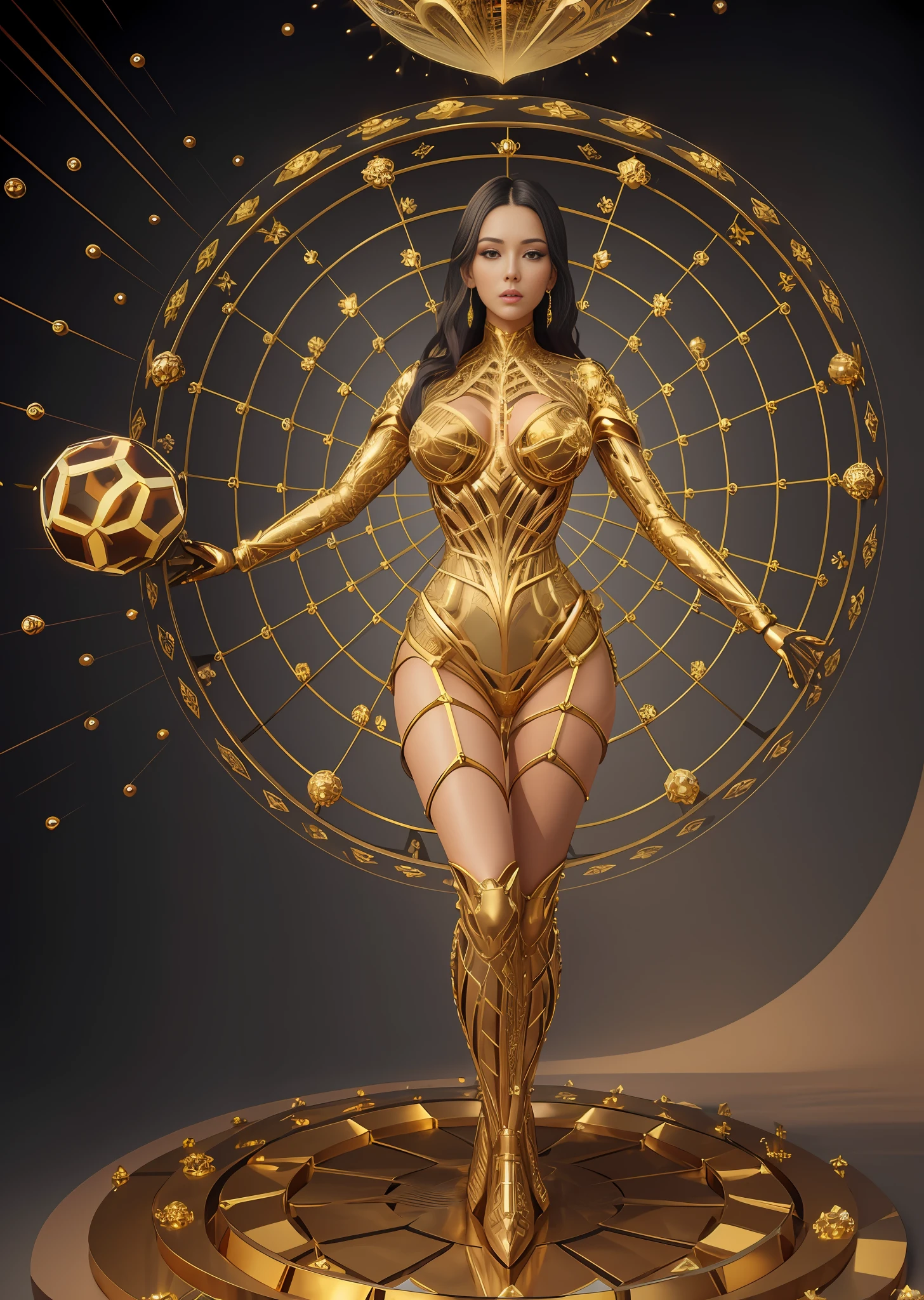 Beautiful sexy 25-year-old woman in sensual pose, full body symmetrical with thick lines, Fibonacci, golden ratio, surrounded by crystal spheres, 3D metal structure tessellation, neural graphic, neurons, color, love, passion, incredibly detailed, 8k, masterpiece, artstation, surreal