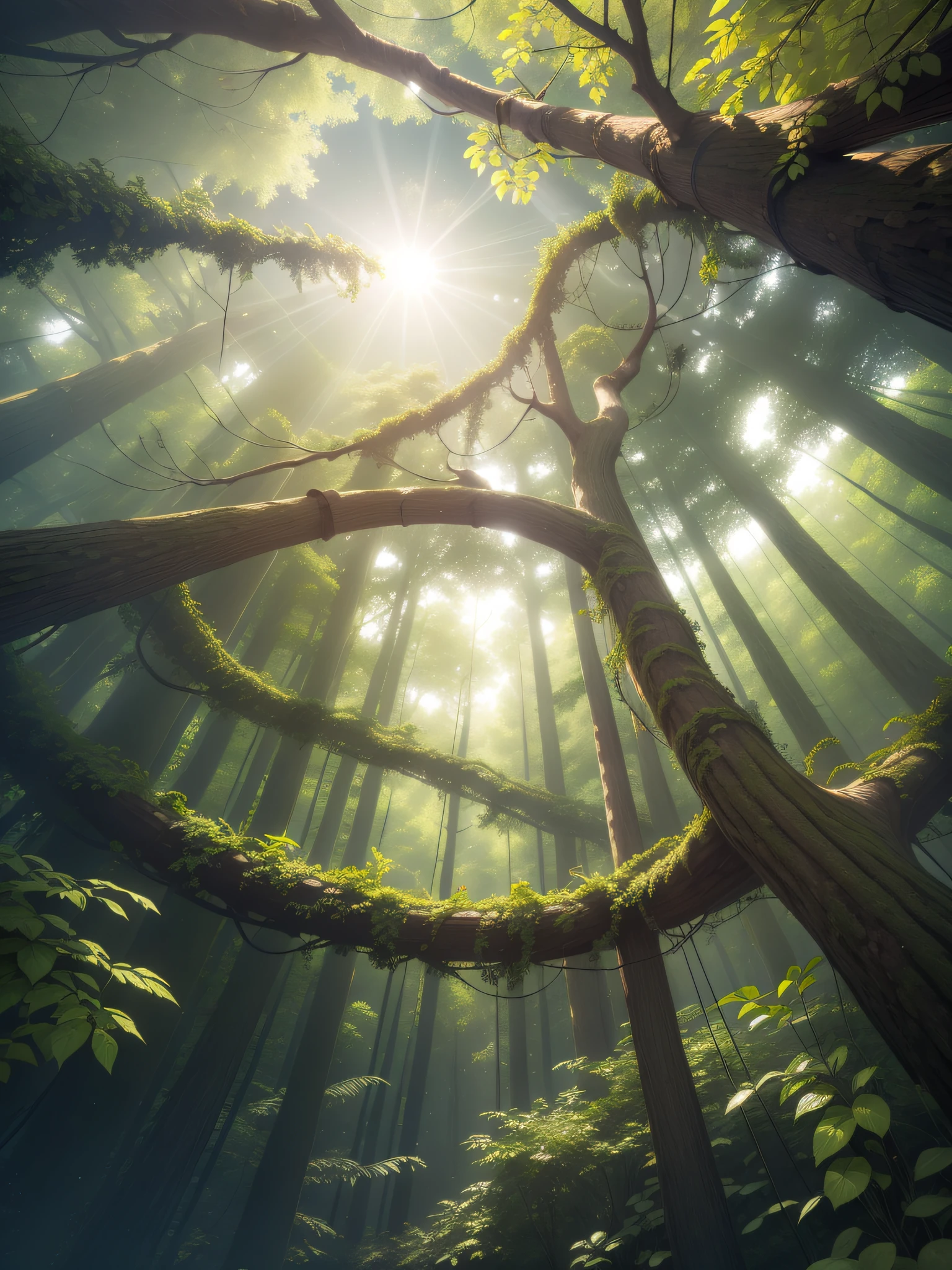 I am inside a beautiful forest green shelter of tree branches and vines, shrubs woven together, with a hole at the top from which sunlight falls, ((masterpiece)), best quality, inside view, high resolution, CG 8k wallpaper