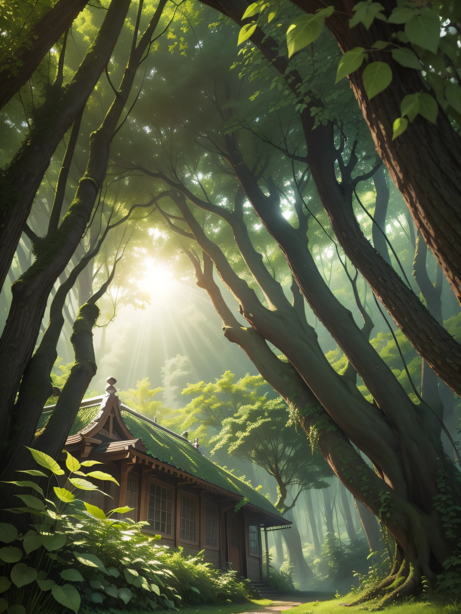 I am inside a beautiful forest green shelter of tree branches and vines, shrubs woven together, with a hole at the top from which sunlight falls, ((masterpiece)), best quality, inside view, high resolution, CG 8k wallpaper