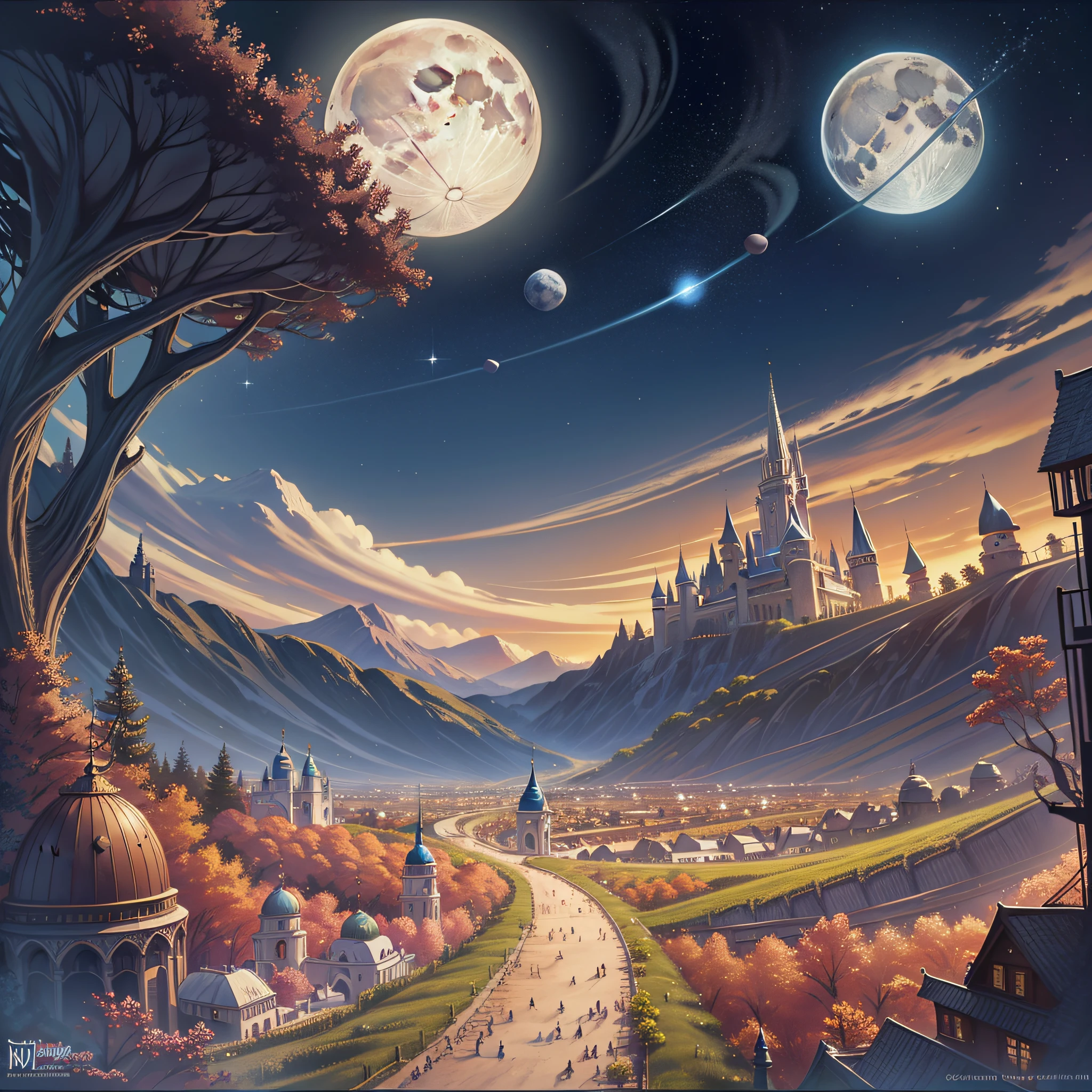 Moon, Stars, Planets, Fantasy, Magical Mute Disney Style, 8K