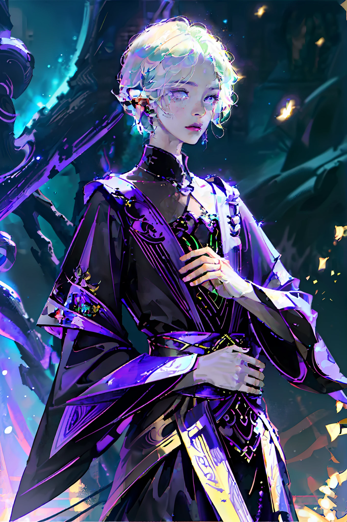 Masterpiece, high resolution, high quality details, intrincated details, 8k, A male elf, magic particles, night landscape, wearing black shiny clothe, purple hair, green eyes, milky skin, innocent expression,
