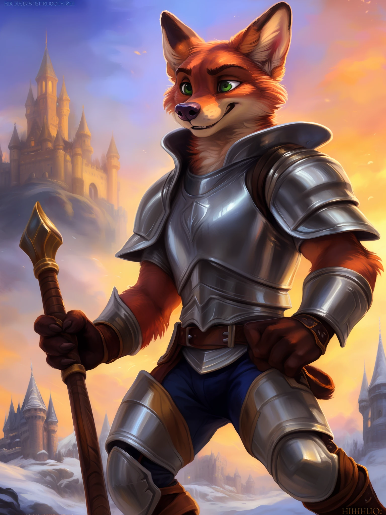 (8k, best quality, masterpiece), (by hioshiru and kenket and dimwitdog, Michael & Zaush, Inessa Garmash, Ruan Jia, Pino Daeni, Chunie), Nick Wilde as a paladin with the hammer, silver armor, proud pose, standing upright, young adult, green eyes, angry expression, looks menacing, dramatic, cinematic lighting, trending on artstation, (muscular:0.7), solo, alone, winter castle on the background