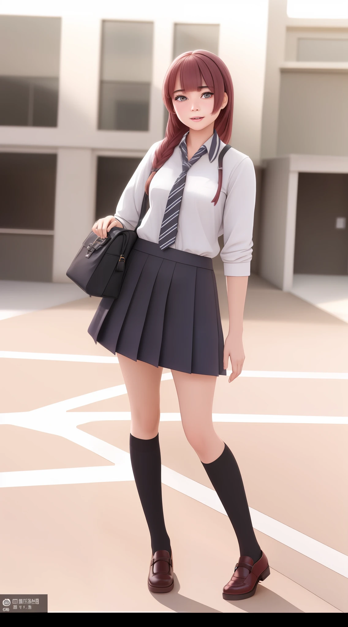 Girl in uniform holding purse and handbag, realistic schoolgirl, photorealistic schoolgirl, surreal schoolgirl, photorealistic girl rendering, student uniform, smooth cg art, realistic young girl, photorealistic, realistic, school uniform, schoolgirl, realistic art style