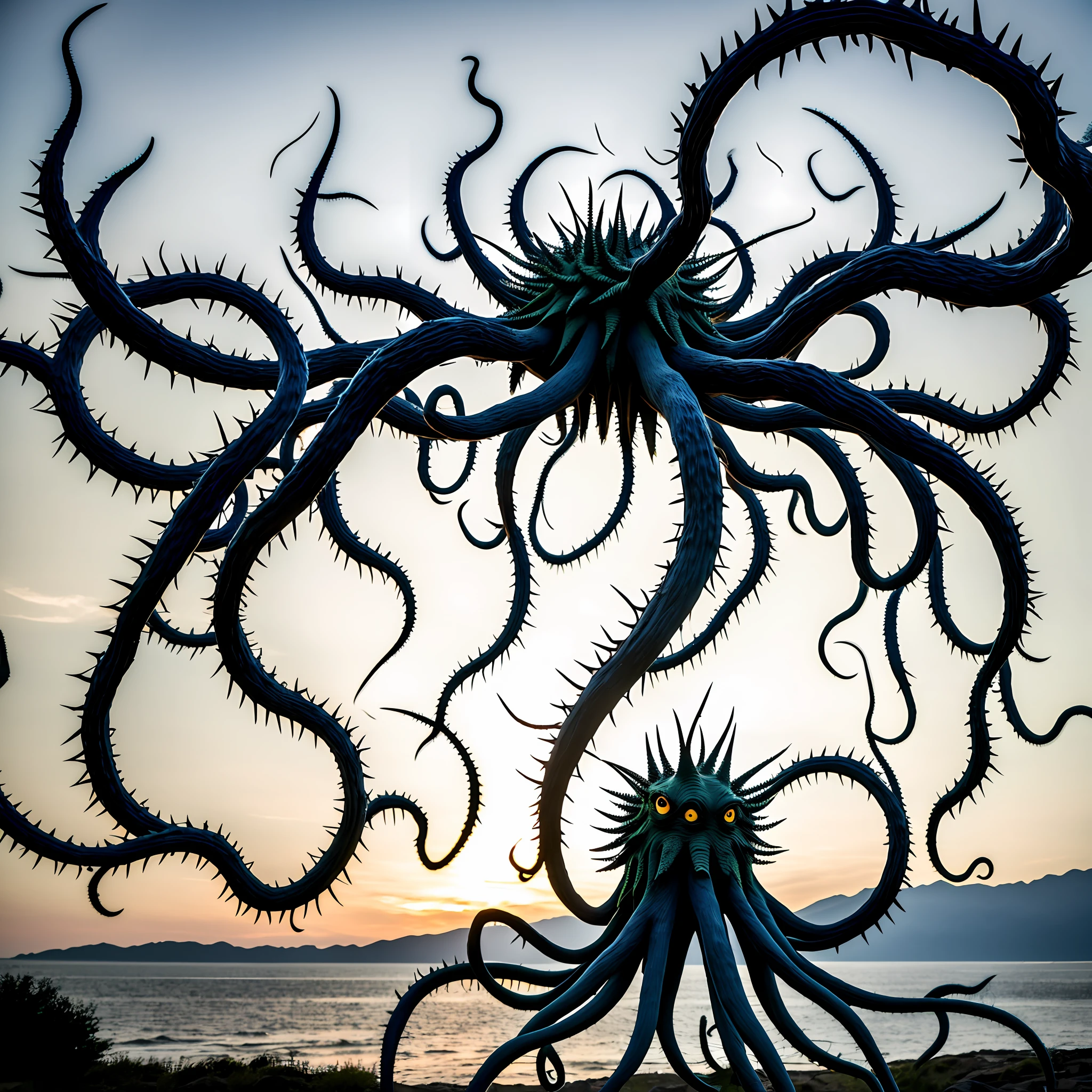 The monster appears to be comprised of a body made of interwoven thorny branches, body is no like human is like unregular ball, with a shape similar to an octopus. It has eight thin, thorny arms resembling tentacles, each ending in a sharp, on some arms are eyes