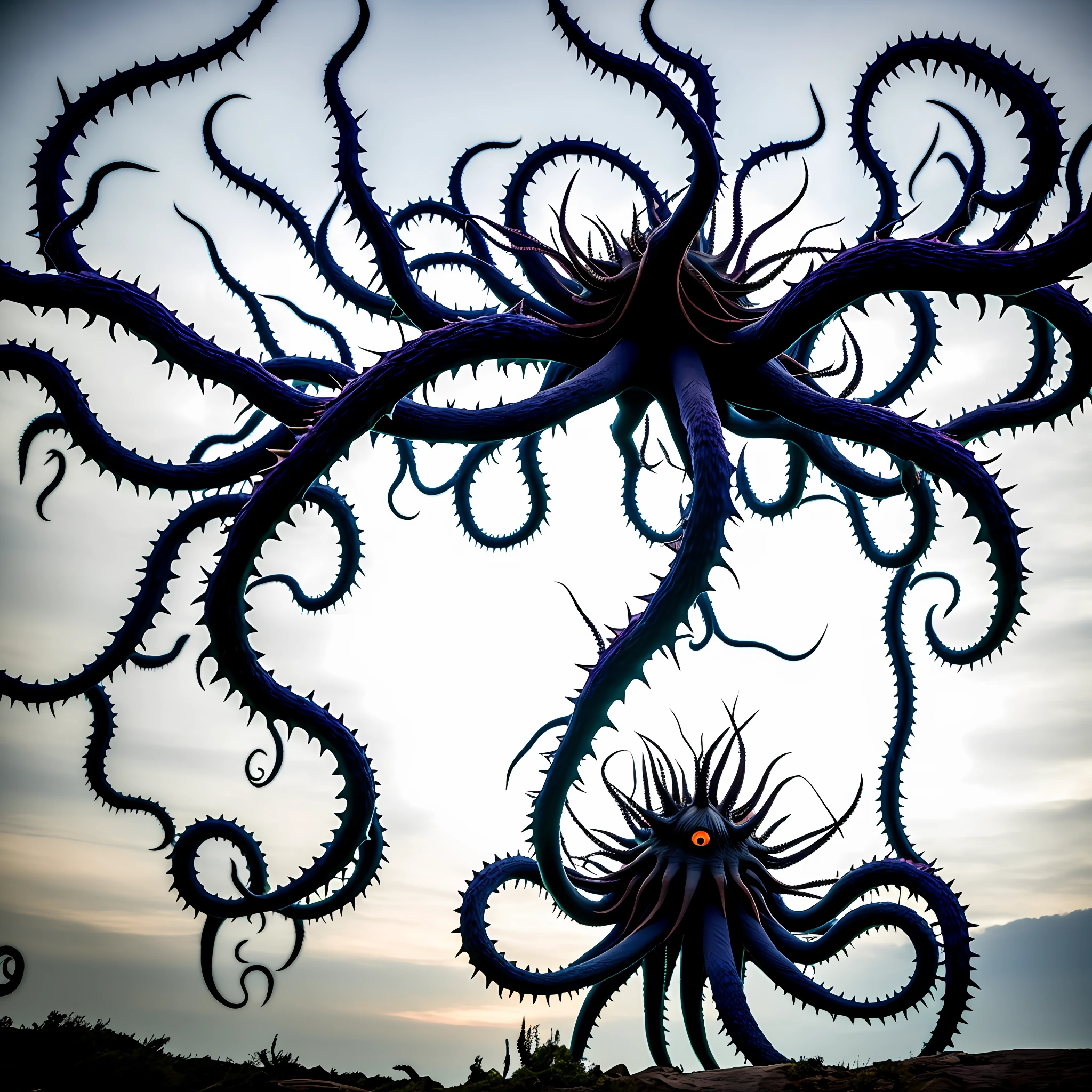 The monster appears to be comprised of a body made of interwoven thorny branches, body is no like human is like unregular ball, with a shape similar to an octopus. It has eight thin, thorny arms resembling tentacles, each ending in a sharp, on some arms are eyes