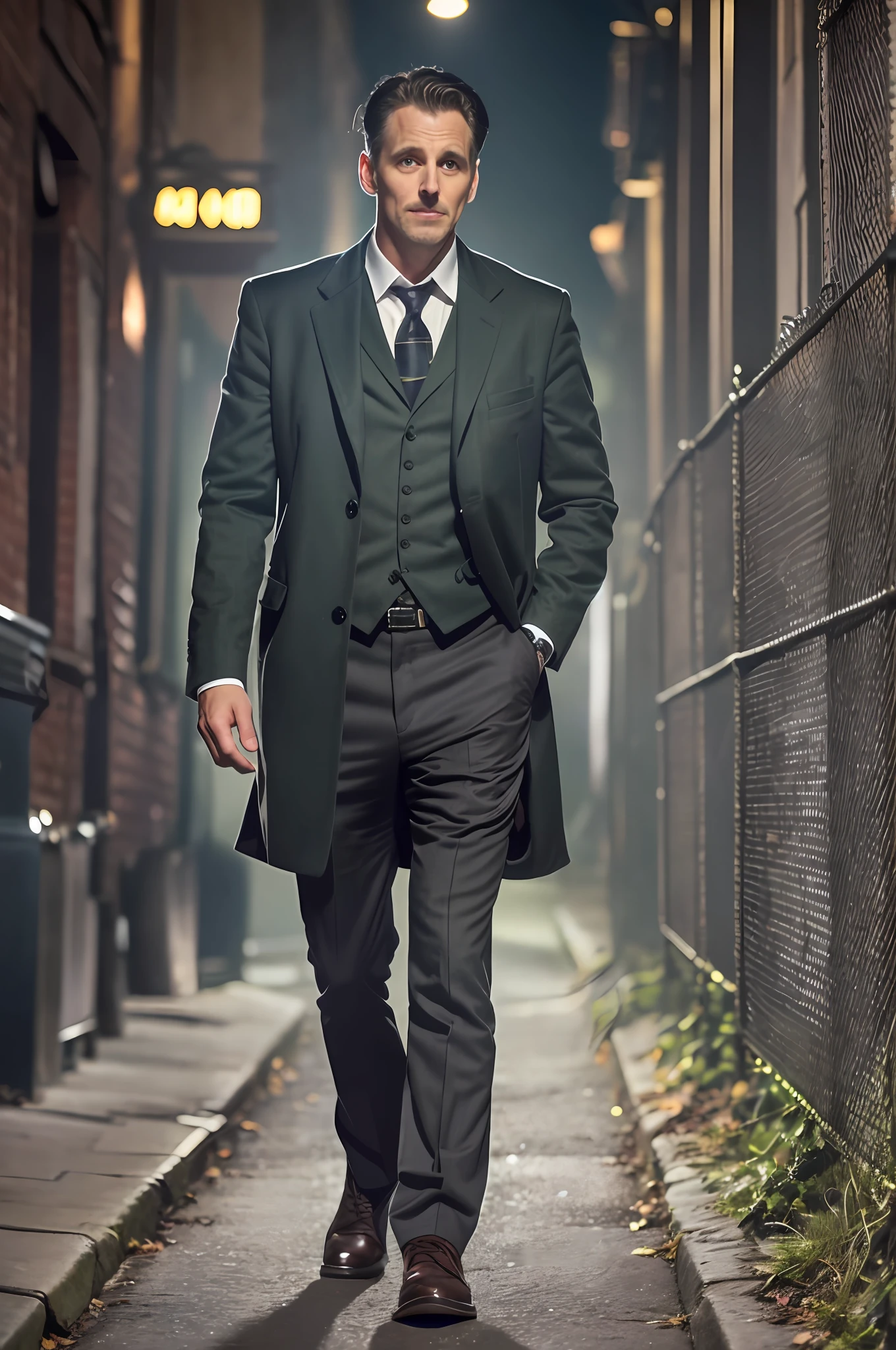 full body of a worried detective man, 8K, a dark night, 2000s clothes, detective outfit, gray hair, tired, sad, 2000s, [sincere, amateur], sinister green lighting, beautiful eyes, detailed eyes, perfect eyes, 40 years old, 40 years, old man, gray man, gray hair, gray