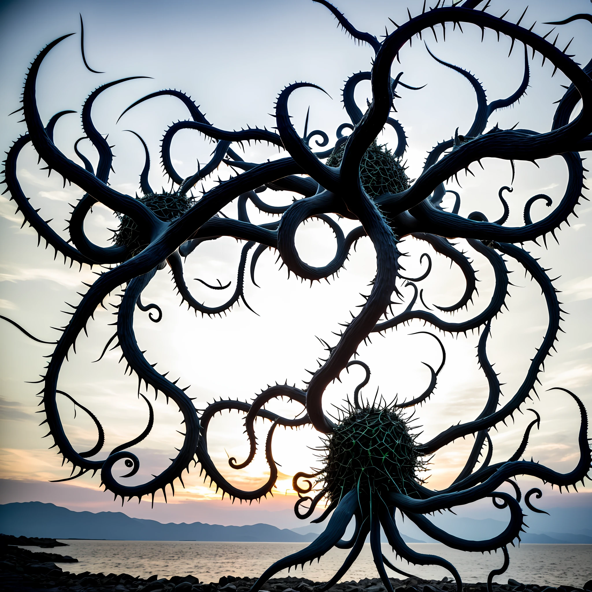 The monster appears to be comprised of a body made of interwoven thorny branches, body is no like human is like unregular ball, with a shape similar to an octopus. It has eight thin, thorny arms resembling tentacles, each ending in a sharp, on some arms are eyes