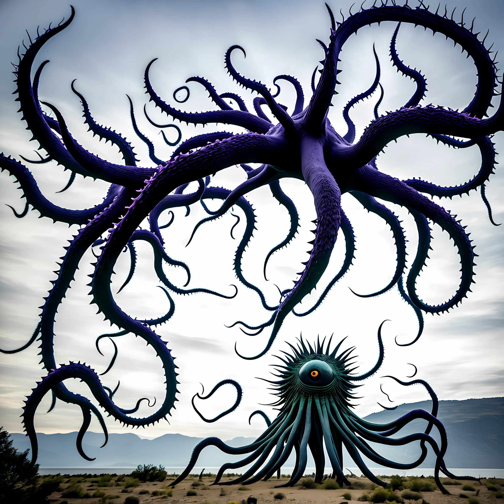 The monster appears to be comprised of a body made of interwoven thorny branches, body is no like human is like unregular ball, with a shape similar to an octopus. It has eight thin, thorny arms resembling tentacles, each ending in a sharp, on some arms are eyes