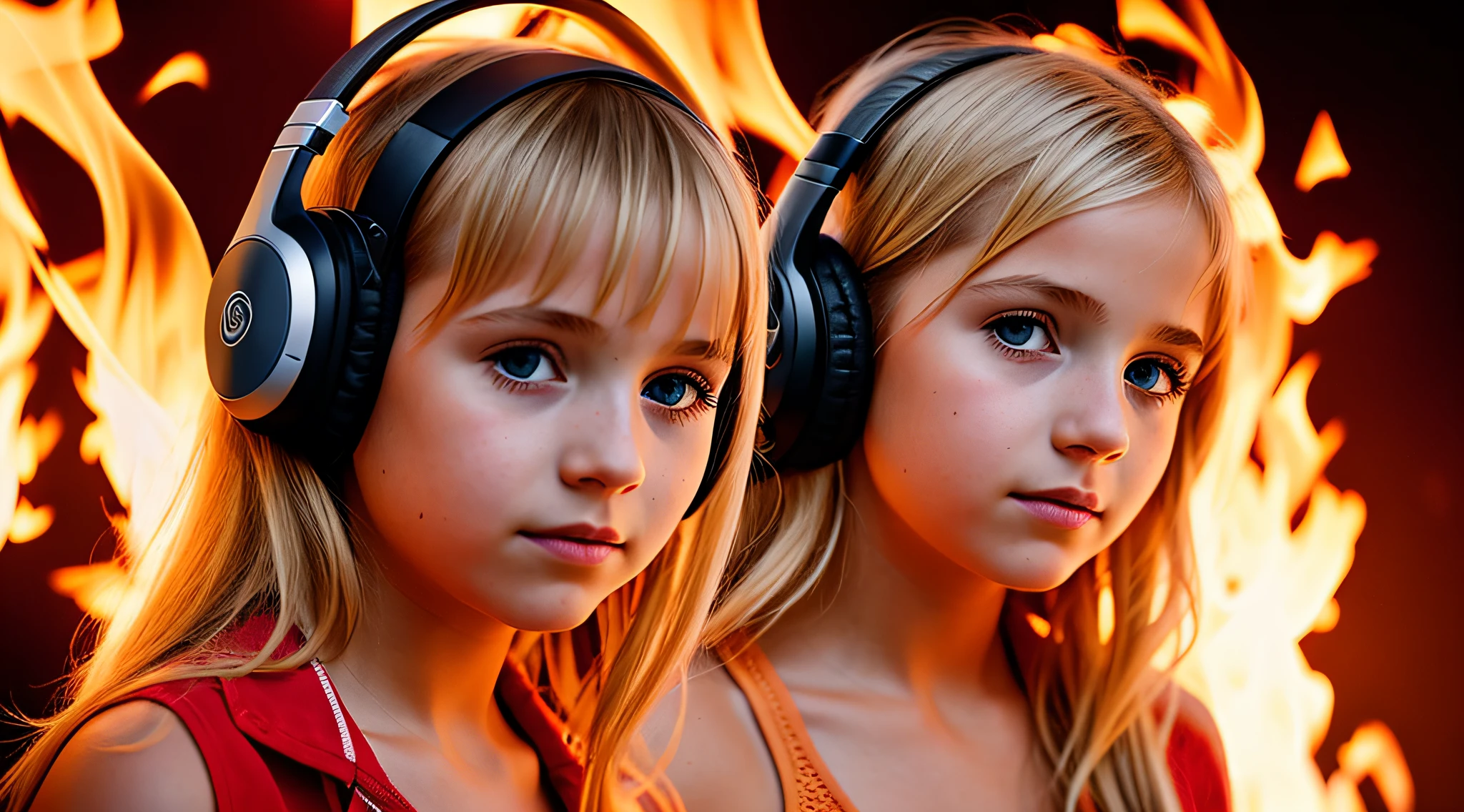 10 years old girl BLONDE CHILD, golden eyes, platinum haired girl, there is a woman with headphones and a red background, on fire, flames in the background, flames surround her, fire and flames and smoke, portrait shot, promotional art, red flames in the background, background art, wearing tumultuous flames, flames in the background, closeup portrait photo, Girl wearing headphones, loud music, hair made of fire, music, fiery atmosphere