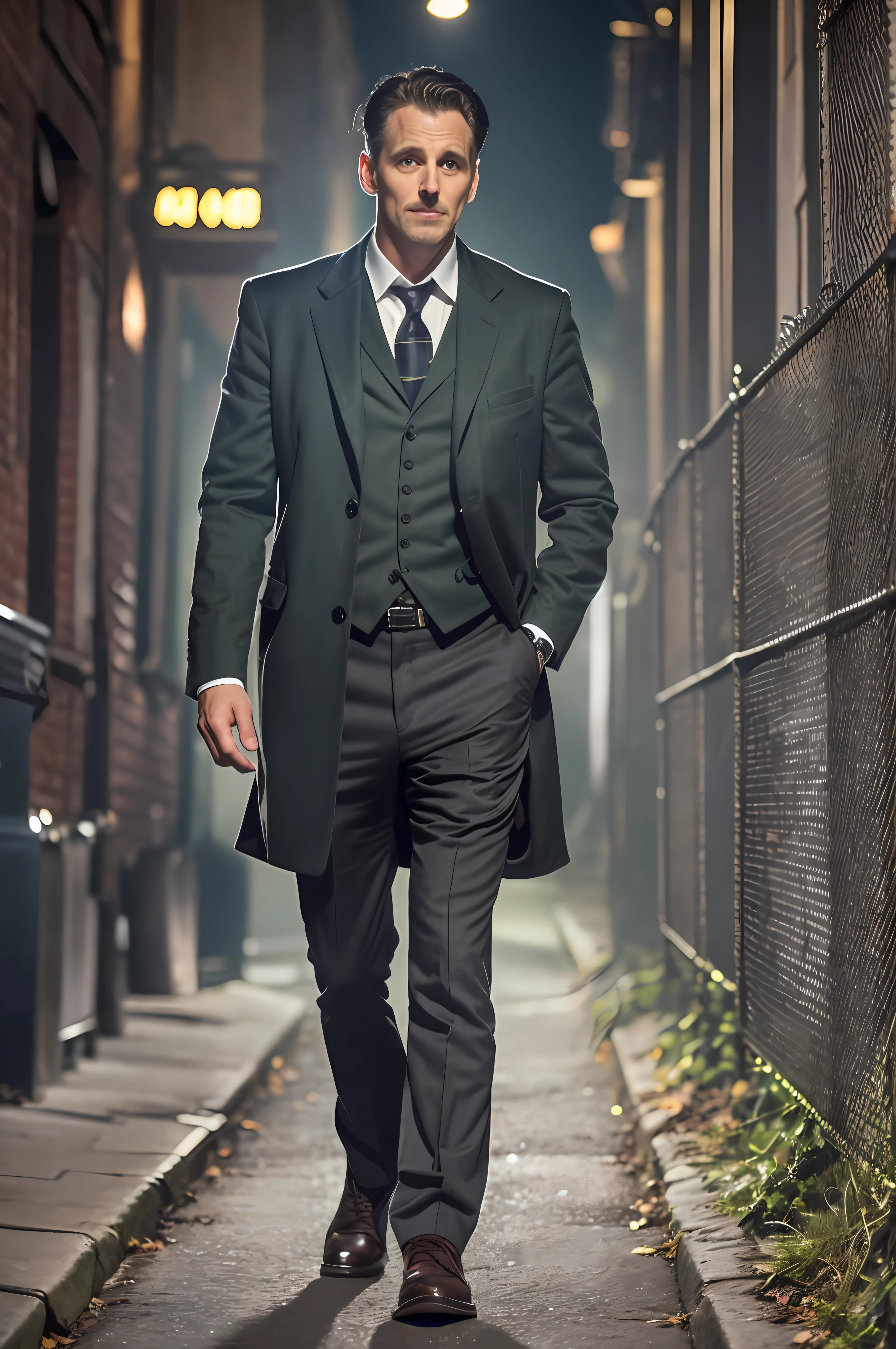 full body of a worried detective man, 8K, a dark night, 2000s clothes, detective outfit, gray hair, tired, sad, 2000s, [sincere, amateur], sinister green lighting, beautiful eyes, detailed eyes, perfect eyes, 40 years old, 40 years, old man, gray man, gray hair, gray