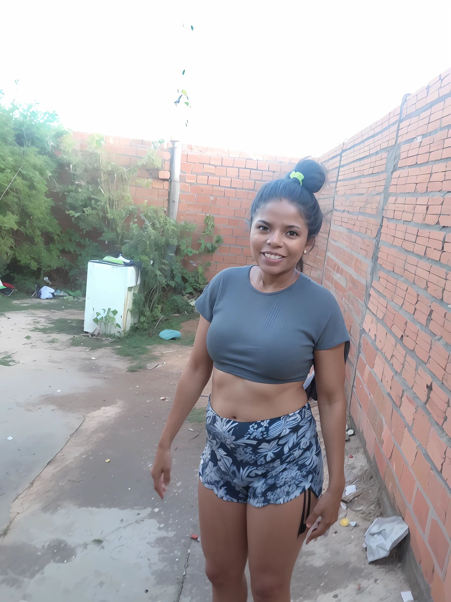 There is a woman standing next to a brick wall, 35 years old Brazilian mother, 30 years woman from Cuba, 30 years woman woman, 3 0 years woman with Ronaldinho Gaucho --auto --s2