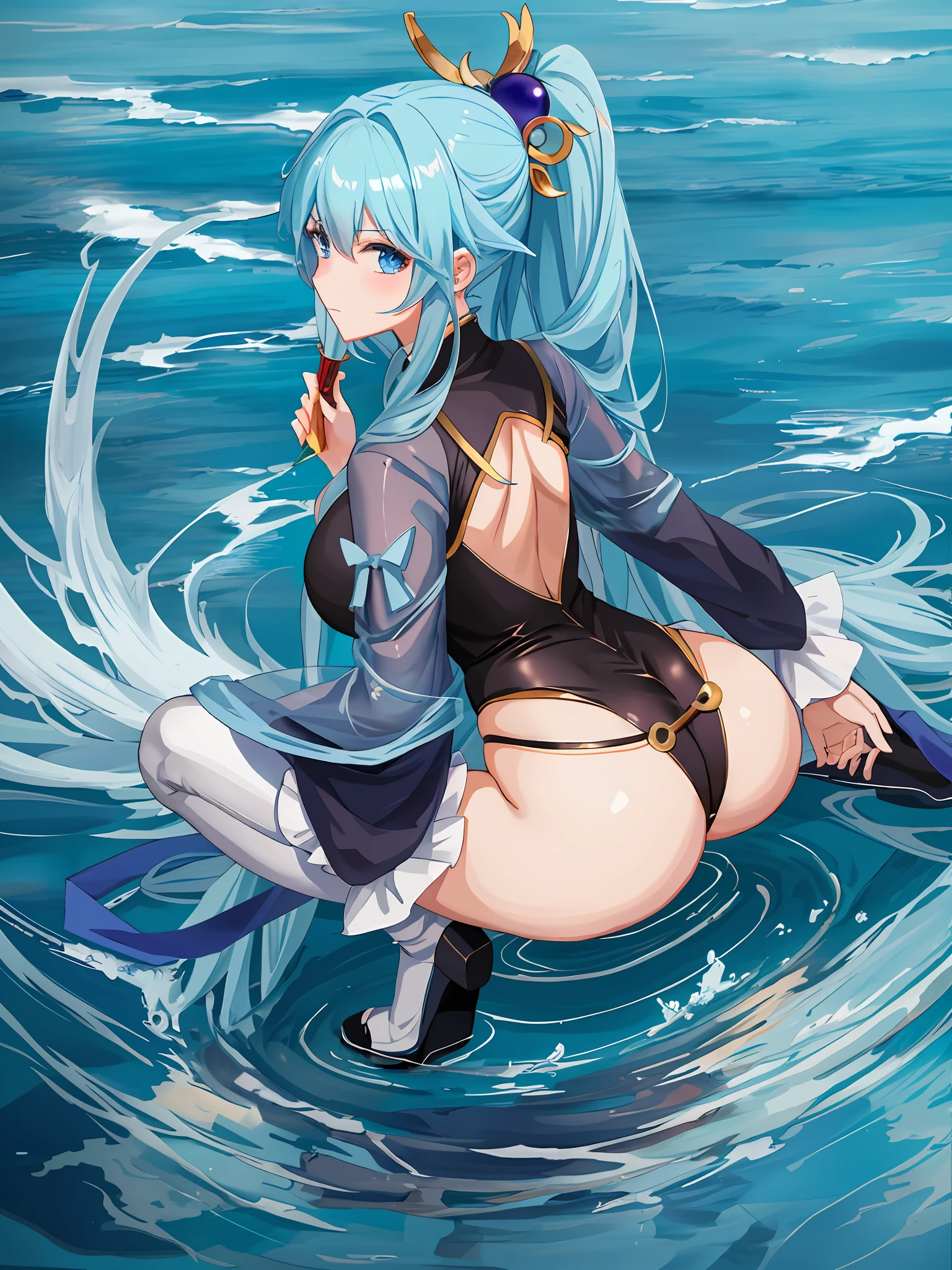 Anime girl with very big breasts and very big ass, full body Xianxia, small curvaceous loli, (behind head), {spread legs}, bow-leggedness, (squatting),Crab crotch, pixiv3dcg,, negative, pixiv, ecchi, potion, full body commission four, On the Sea, Top Rated on pixiv, Ecchi Anime Style, Seductive Anime Girl, pixiv