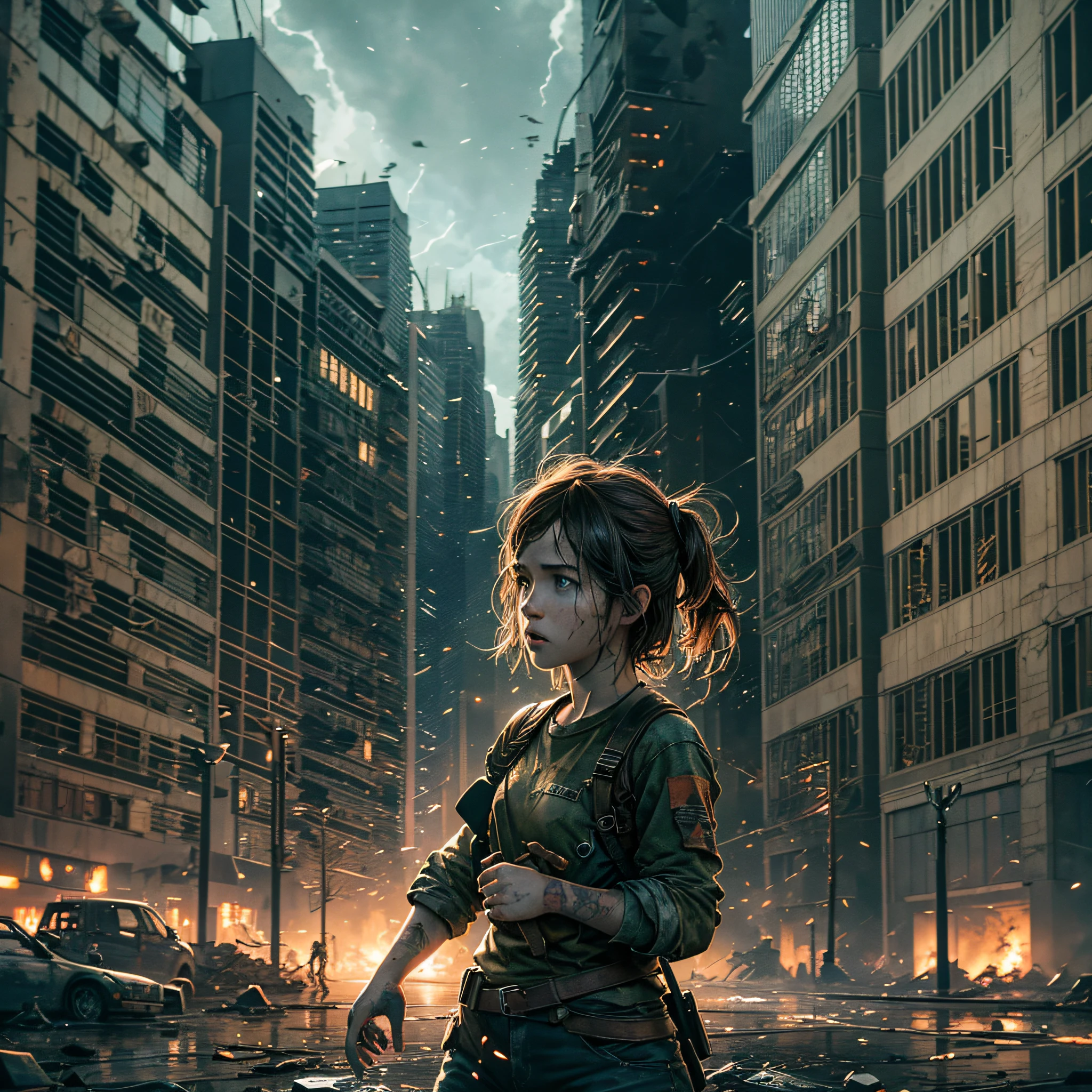 ellie from the game the last of us along with harry poter, apocalyptic scenery in the background, destruction details, night lighting, 8k resolution, details, color highlighting, Marvel and DC style, well lit, auta resolution, textured image, good color saturation, clothes with battle signs, some bruised by the face, apocalypse lighting --auto --s2
