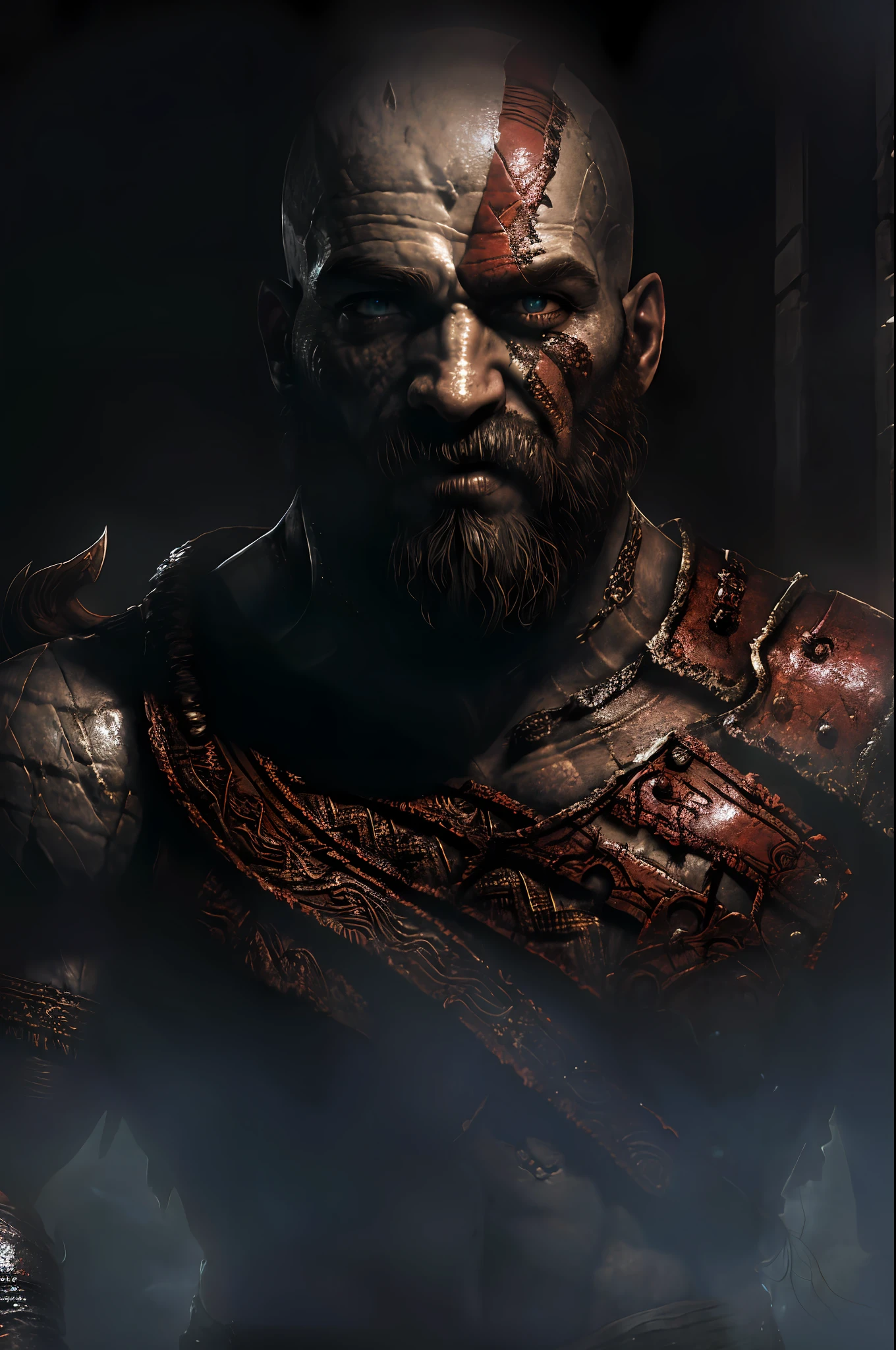 God of war, portrait (close up) kratos, realistically, dynamic lights, old, full footage, (extremely detailed 8k wallpaper of CG unit), trend in ArtStation, trend in CGSociety, high detail, sharp focus, dramatic, photorealistic